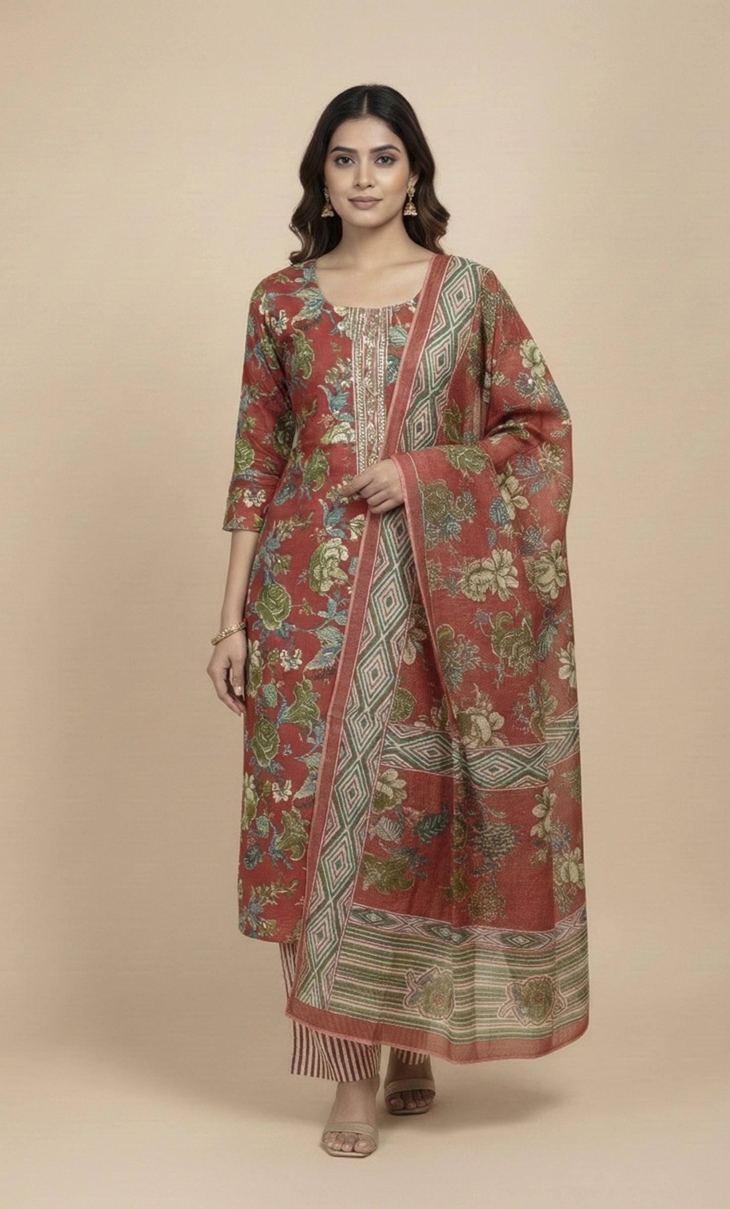 Cotton-Silk Floral Suit with Handwork Neckline