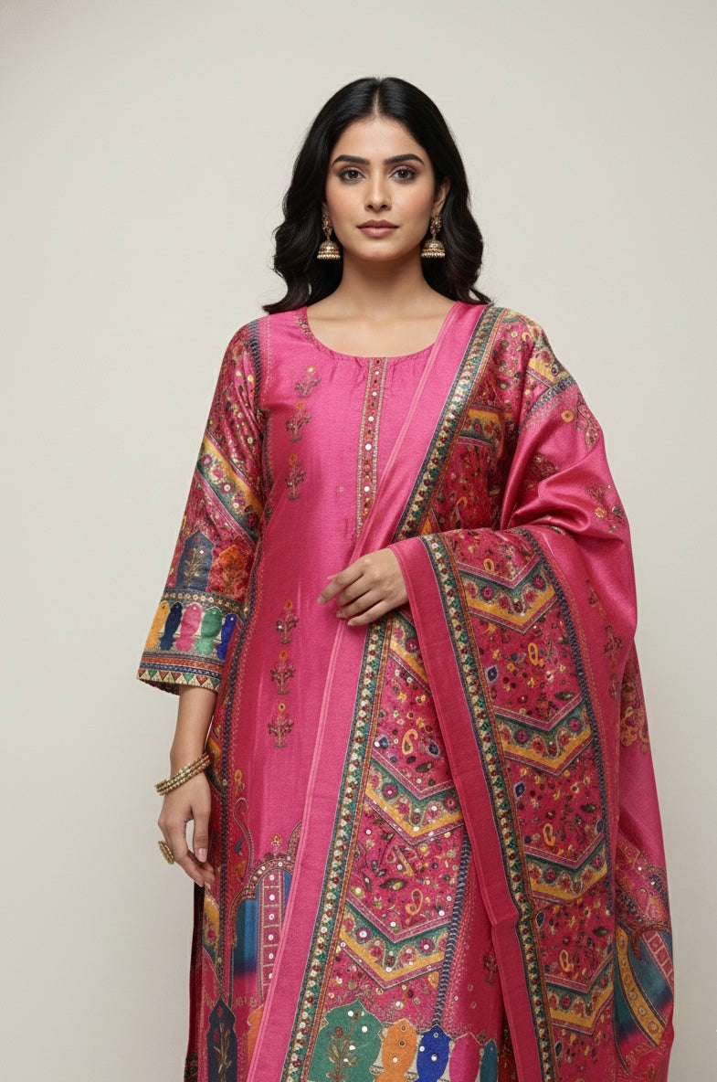 Hot Pink Gadwal Silk Mirror Work Suit Set with American Cotton Inner