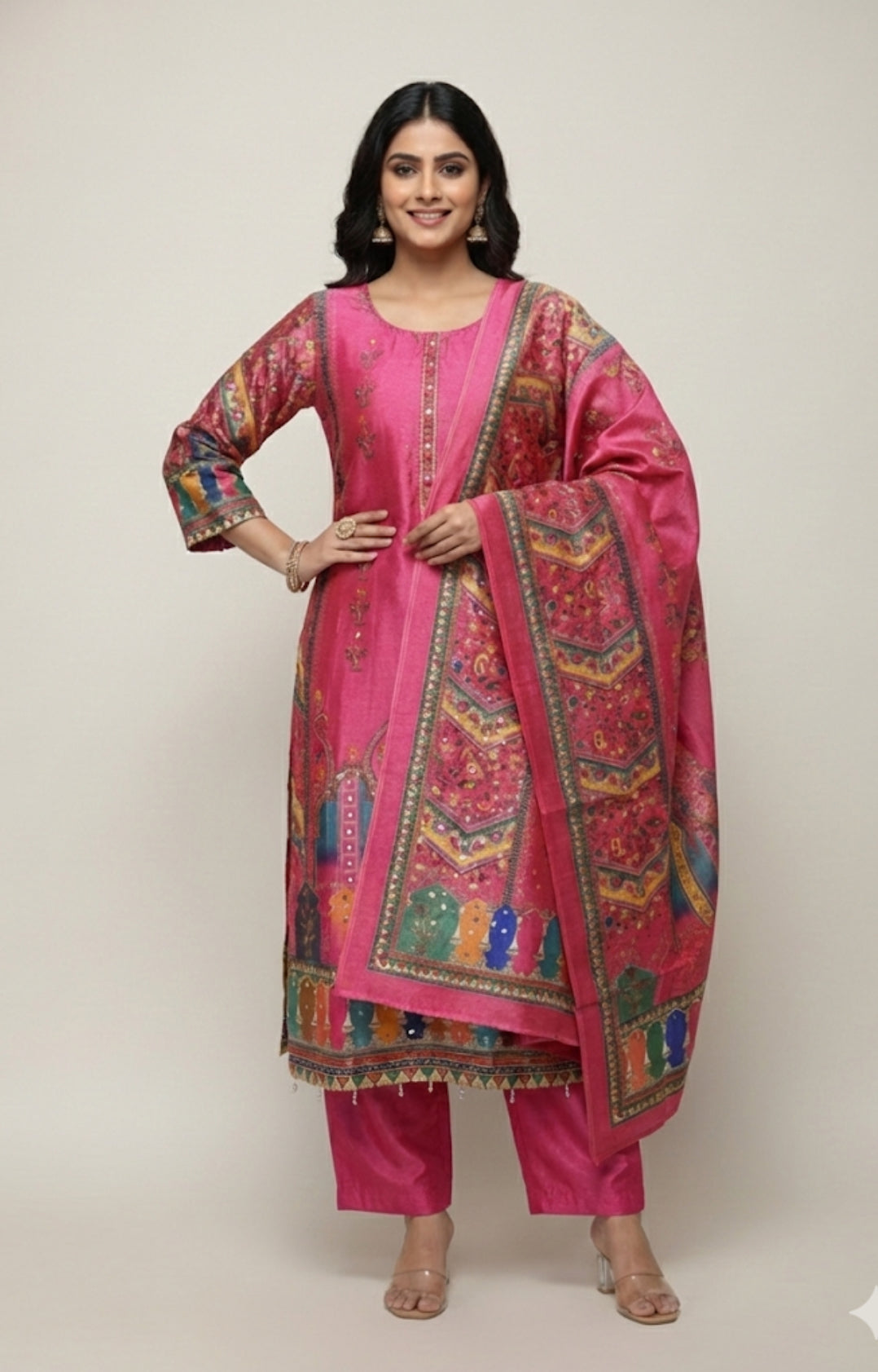 Hot Pink Gadwal Silk Mirror Work Suit Set with American Cotton Inner