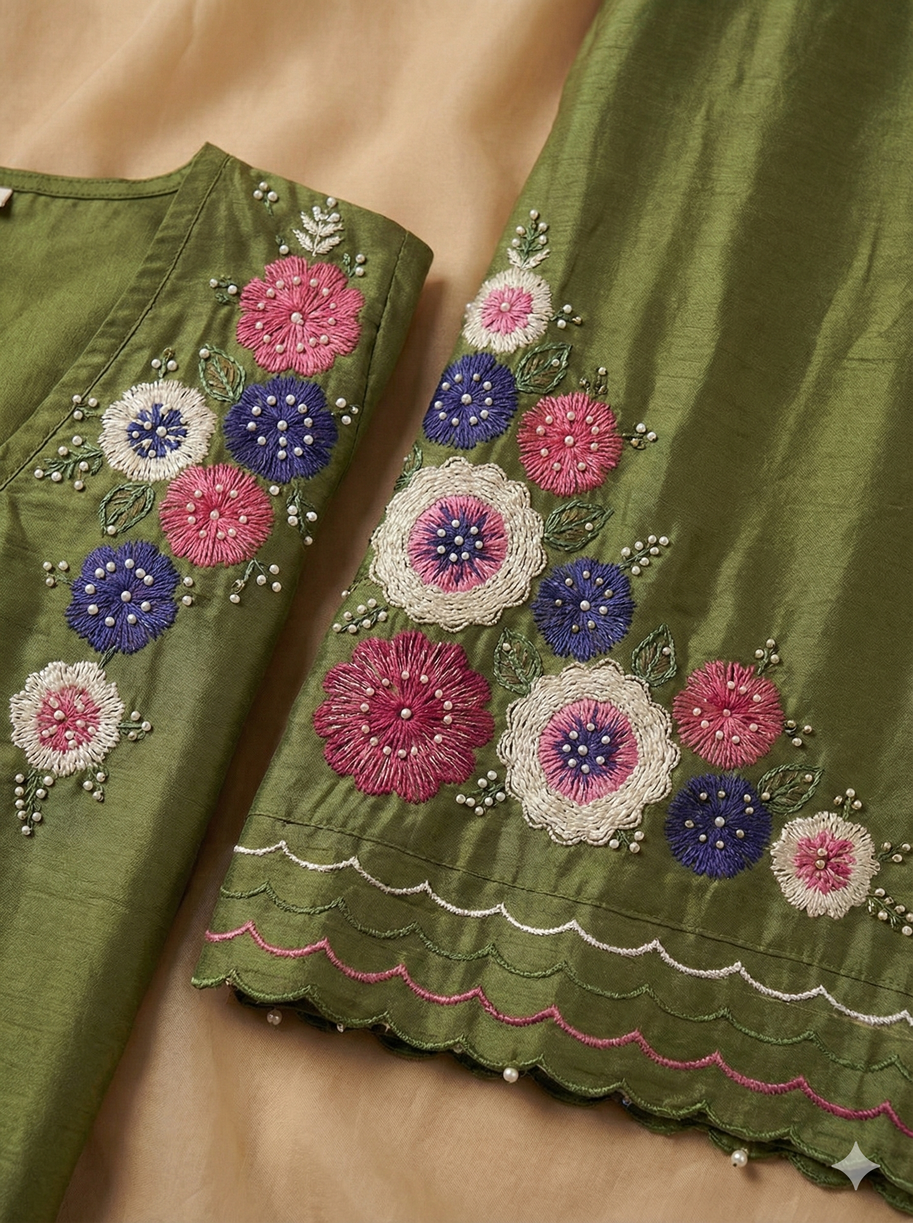 Shimmer Silk Suit with Digital Dupatta, Embroidery & Pearl Handwork – 3 Colors