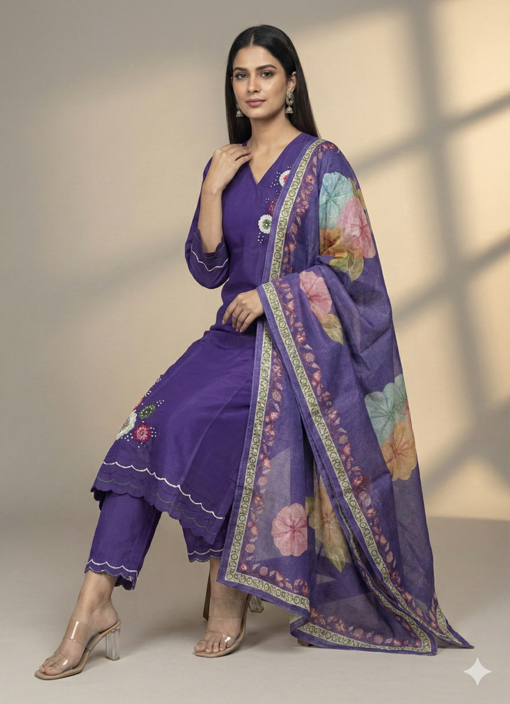 Shimmer Silk Suit with Digital Dupatta, Embroidery & Pearl Handwork – 3 Colors