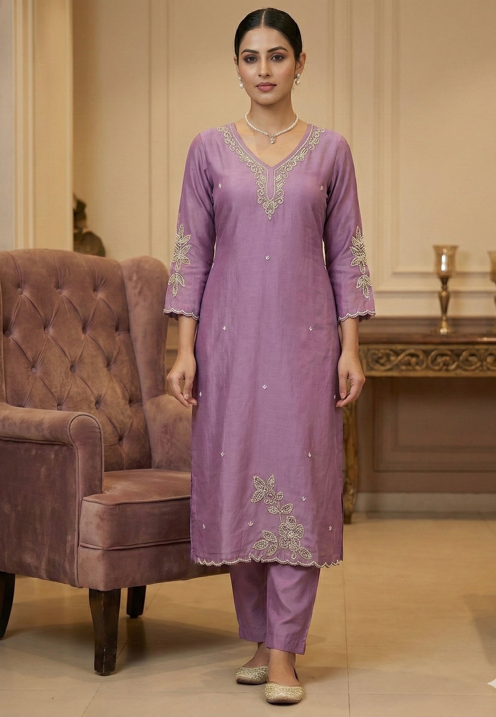 Pure Pearl Handwork Roman Silk Suit Set with Chanderi Dupatta (M-5xl)