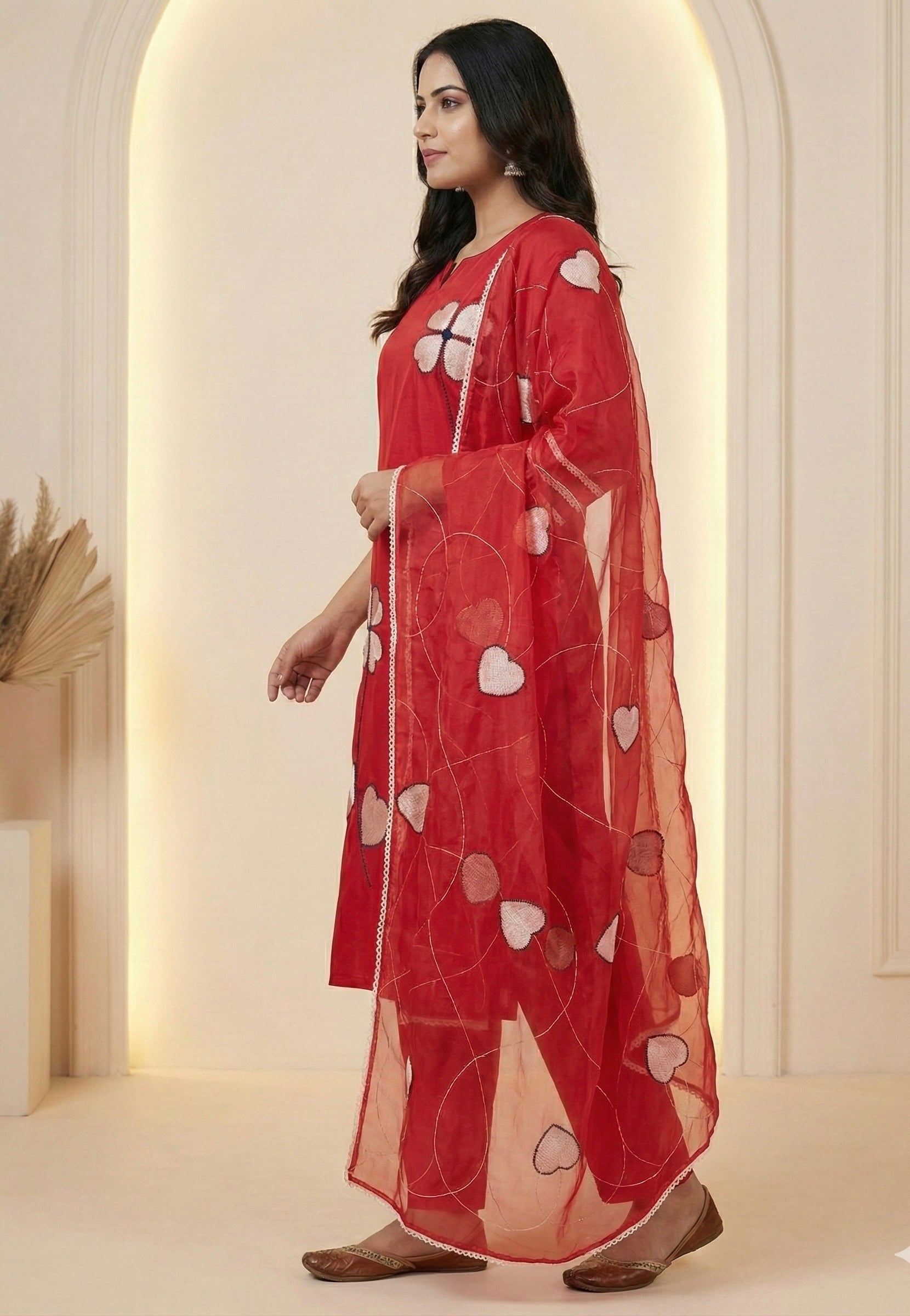 Heart Bloom Suit Set – Roman Silk with Organza Dupatta