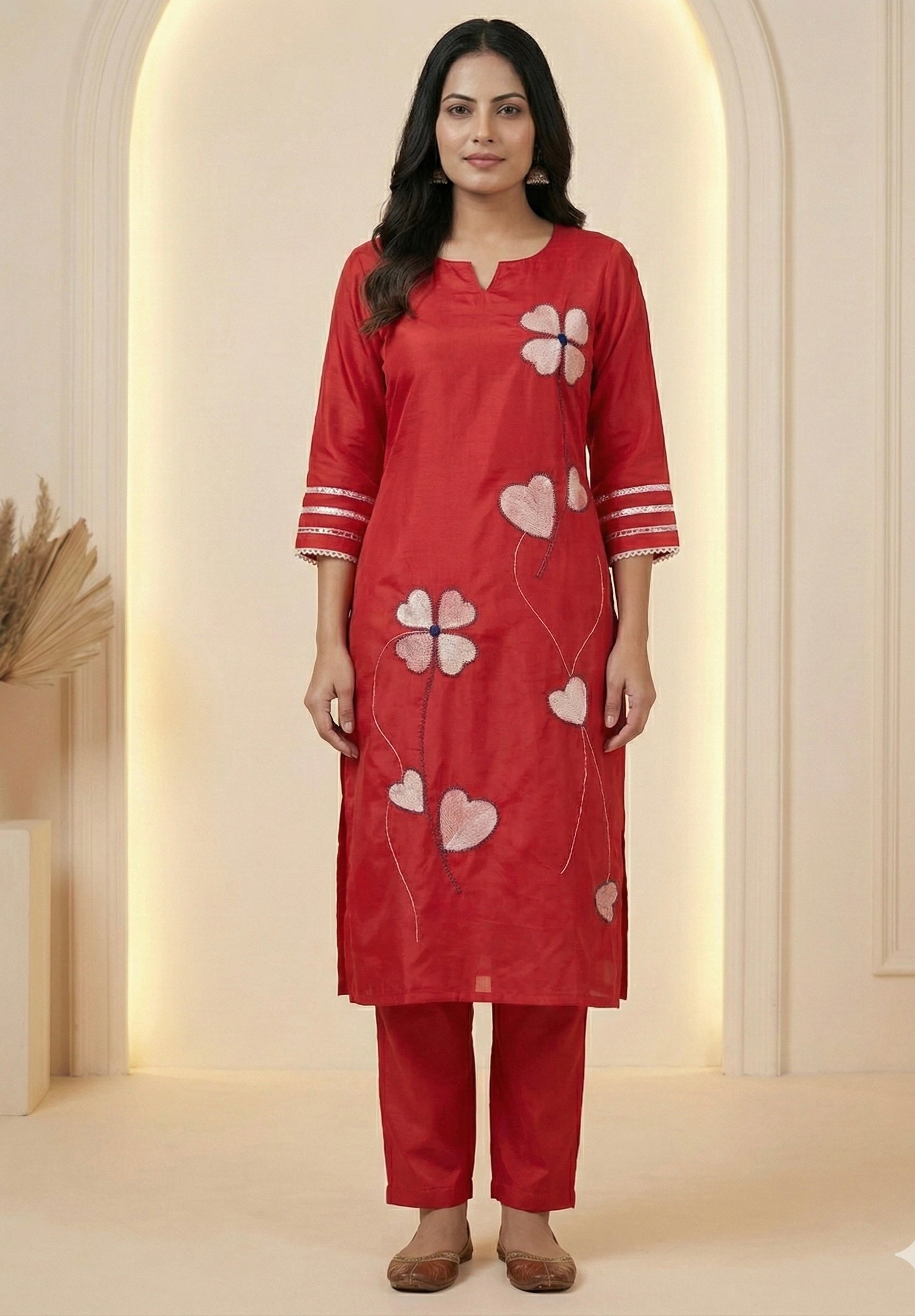 Heart Bloom Suit Set – Roman Silk with Organza Dupatta