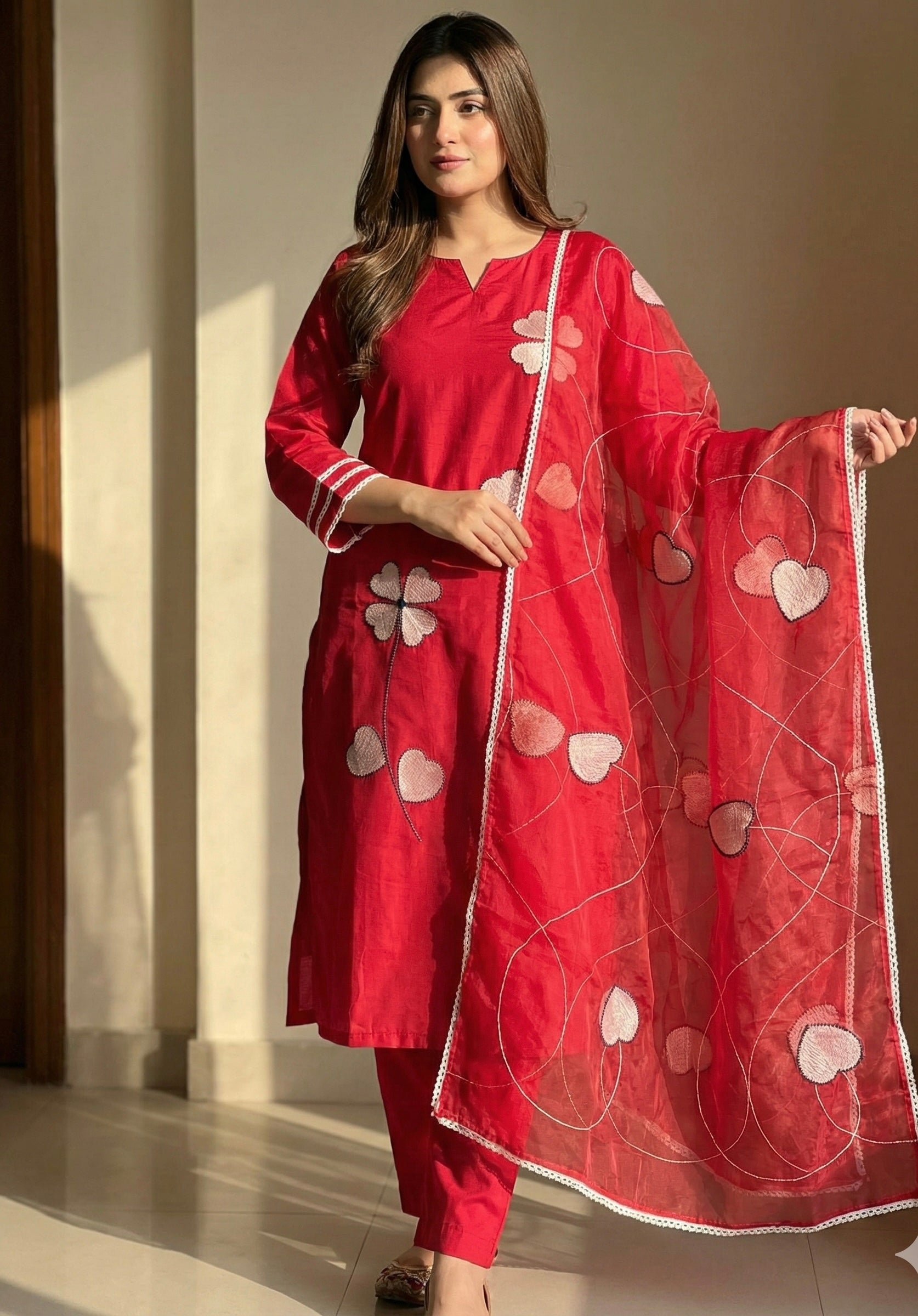 Heart Bloom Suit Set – Roman Silk with Organza Dupatta