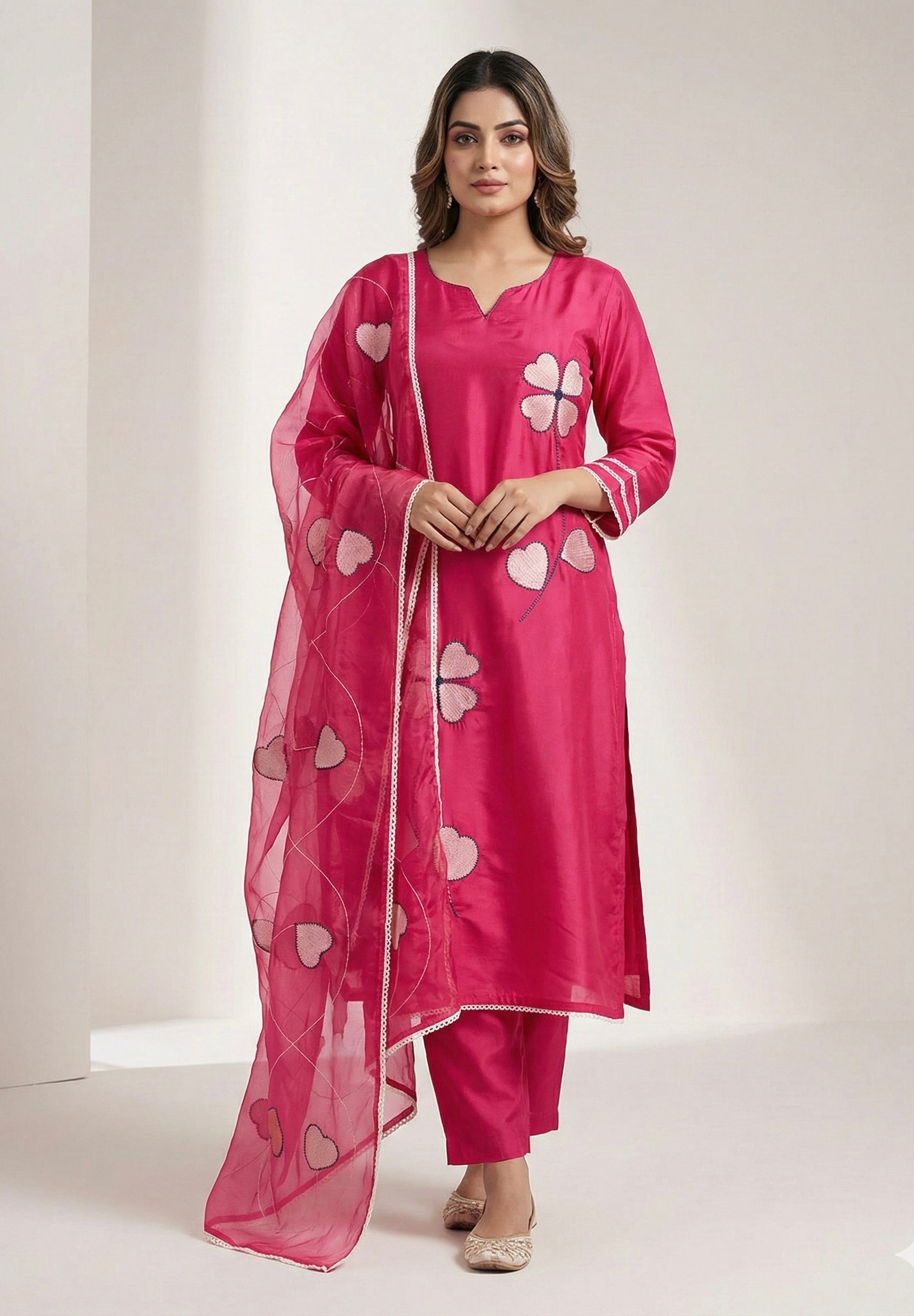 Heart Bloom Suit Set – Roman Silk with Organza Dupatta