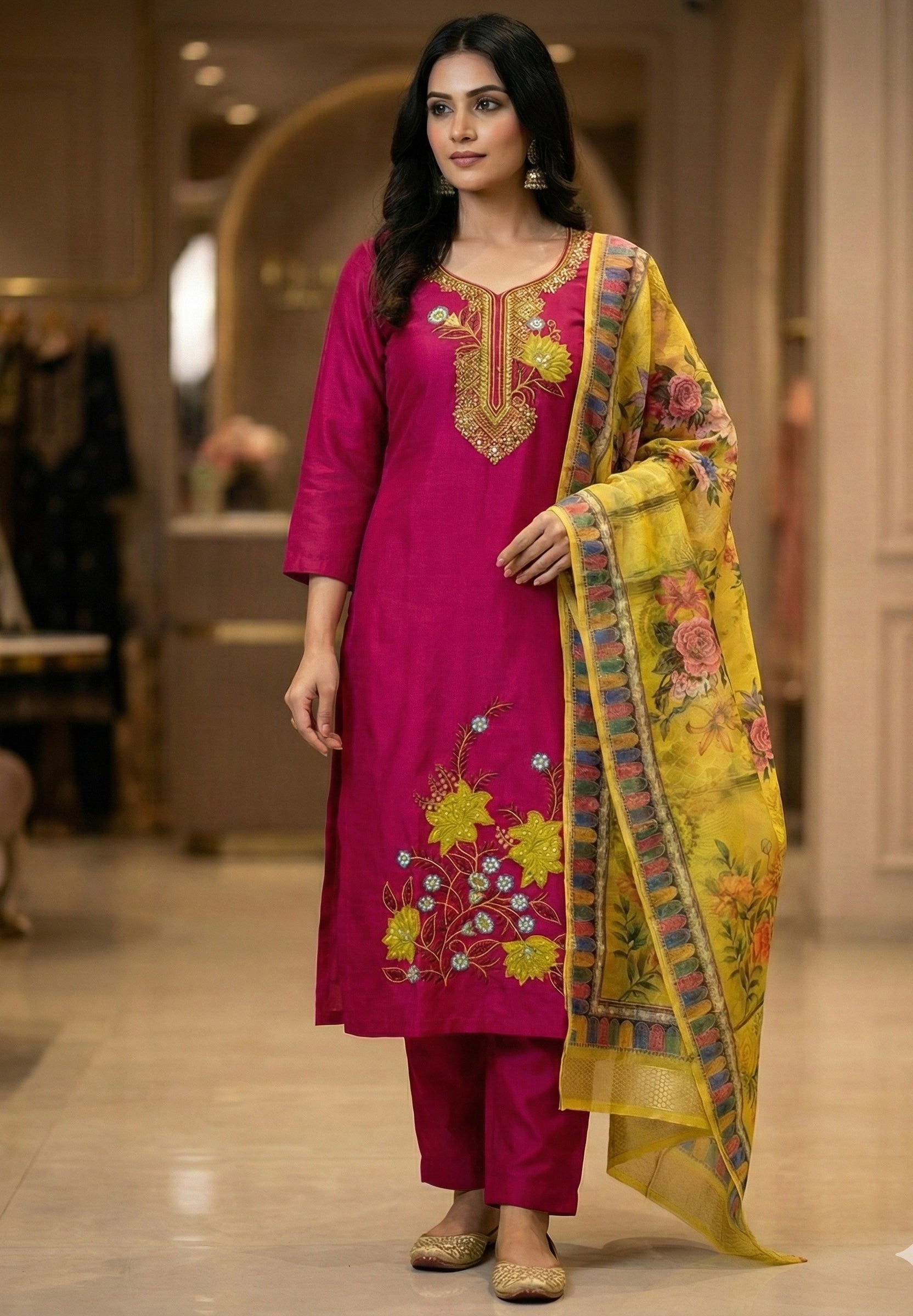 Roman Silk Patch Work Suit with Printed Organza Dupatta