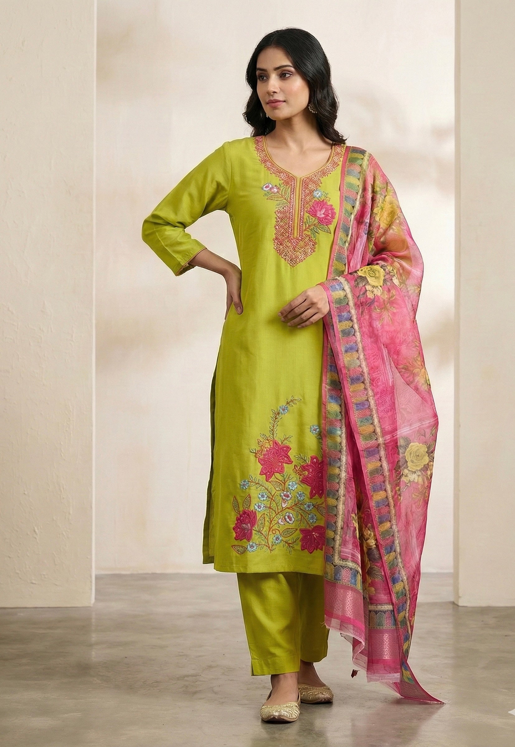 Roman Silk Patch Work Suit with Printed Organza Dupatta