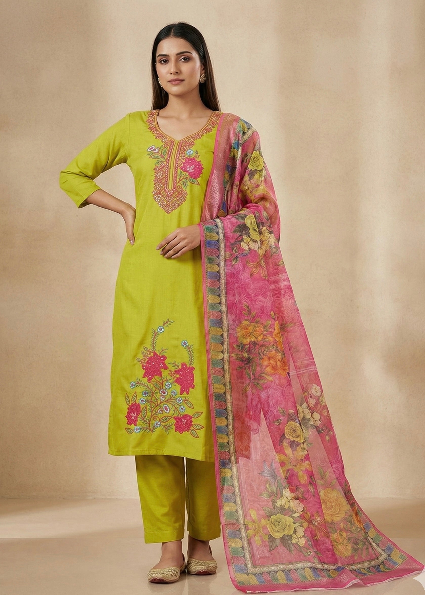 Roman Silk Patch Work Suit with Printed Organza Dupatta