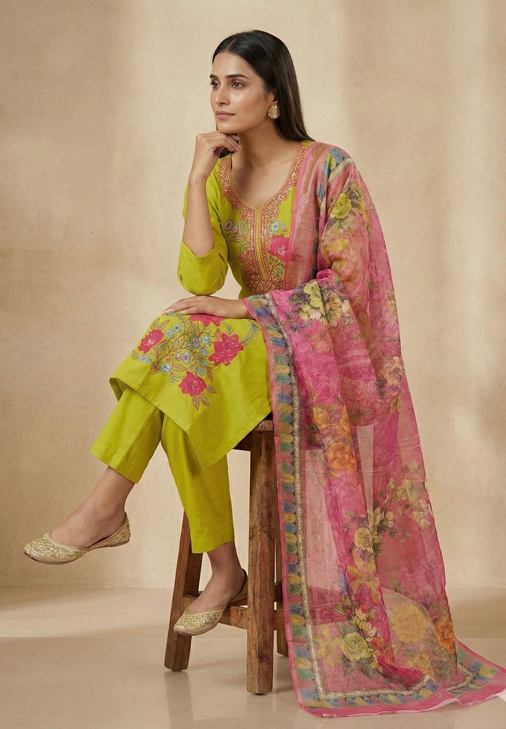 Roman Silk Patch Work Suit with Printed Organza Dupatta