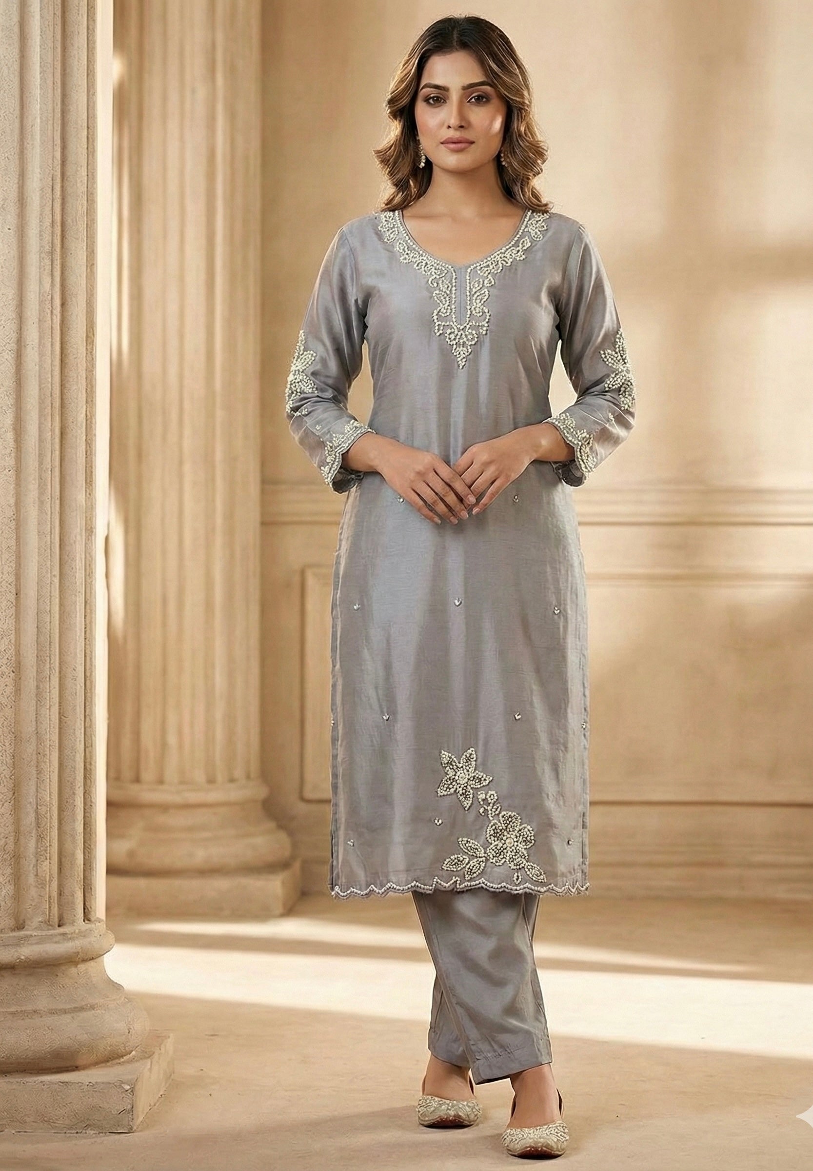 Pure Pearl Handwork Roman Silk Suit Set with Chanderi Dupatta (M-5xl)