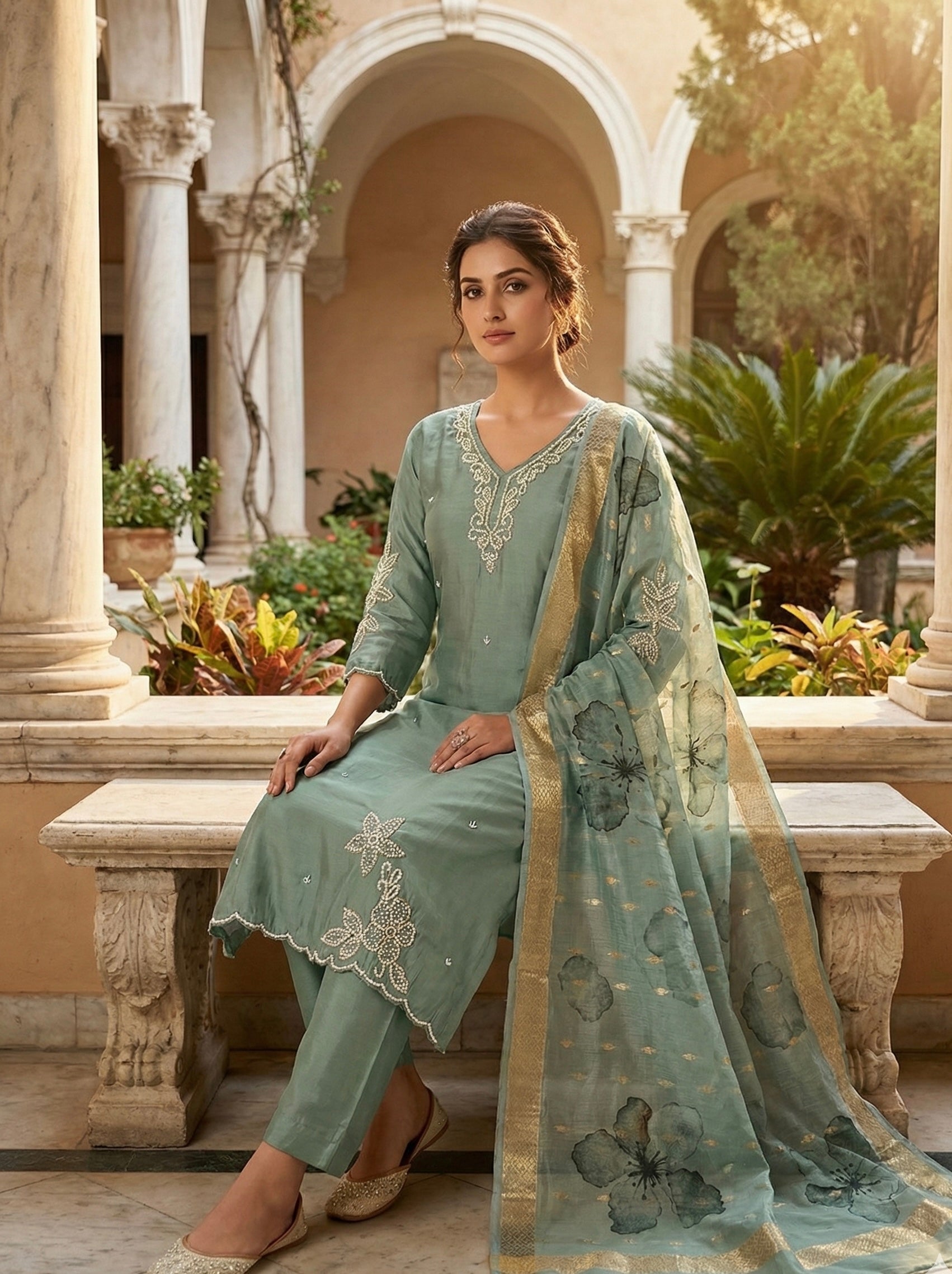 Pure Pearl Handwork Roman Silk Suit Set with Chanderi Dupatta (M-5xl)