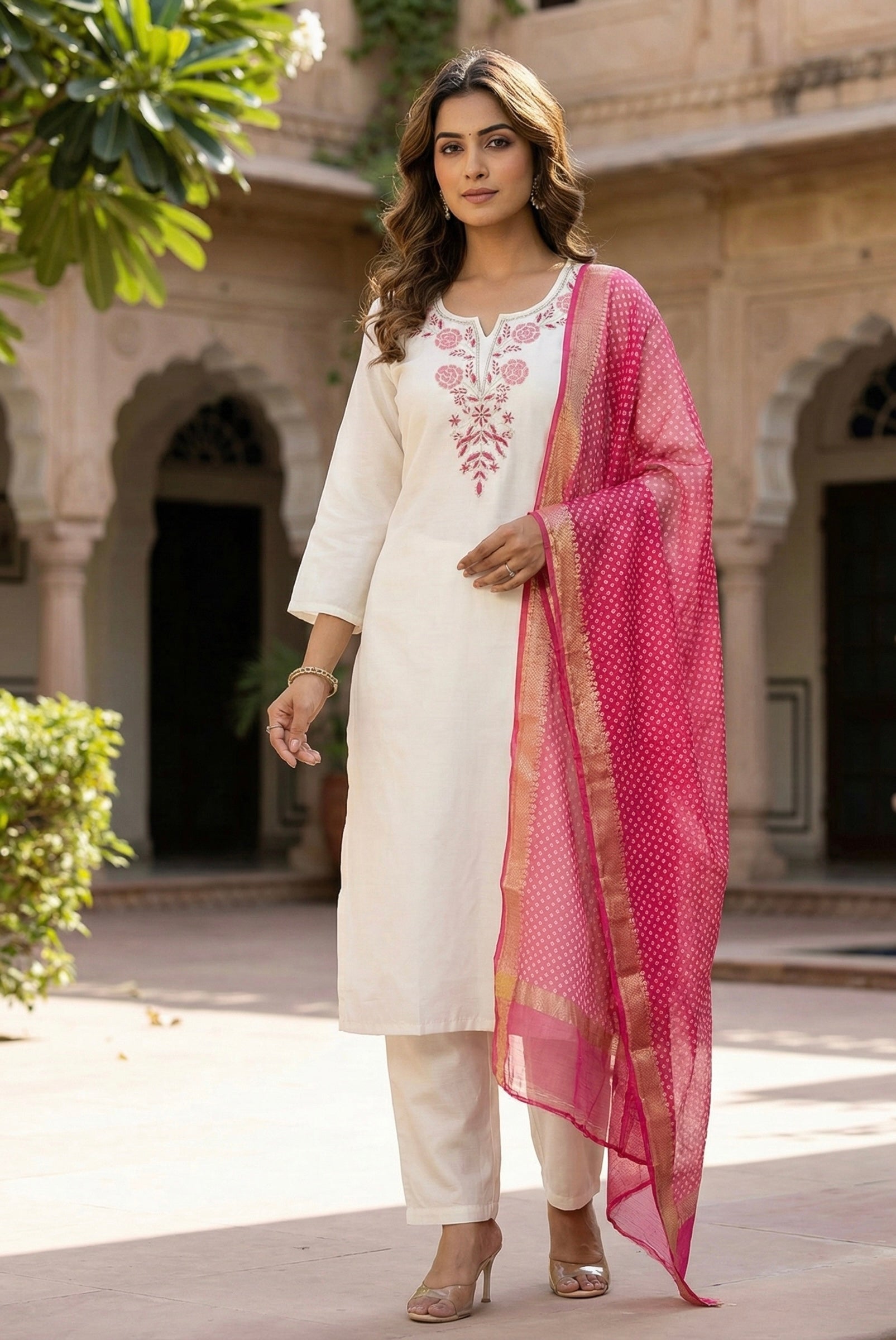 Roman Silk Handwork Suit Set with Bandhani Organza Dupatta (M to 5XL)