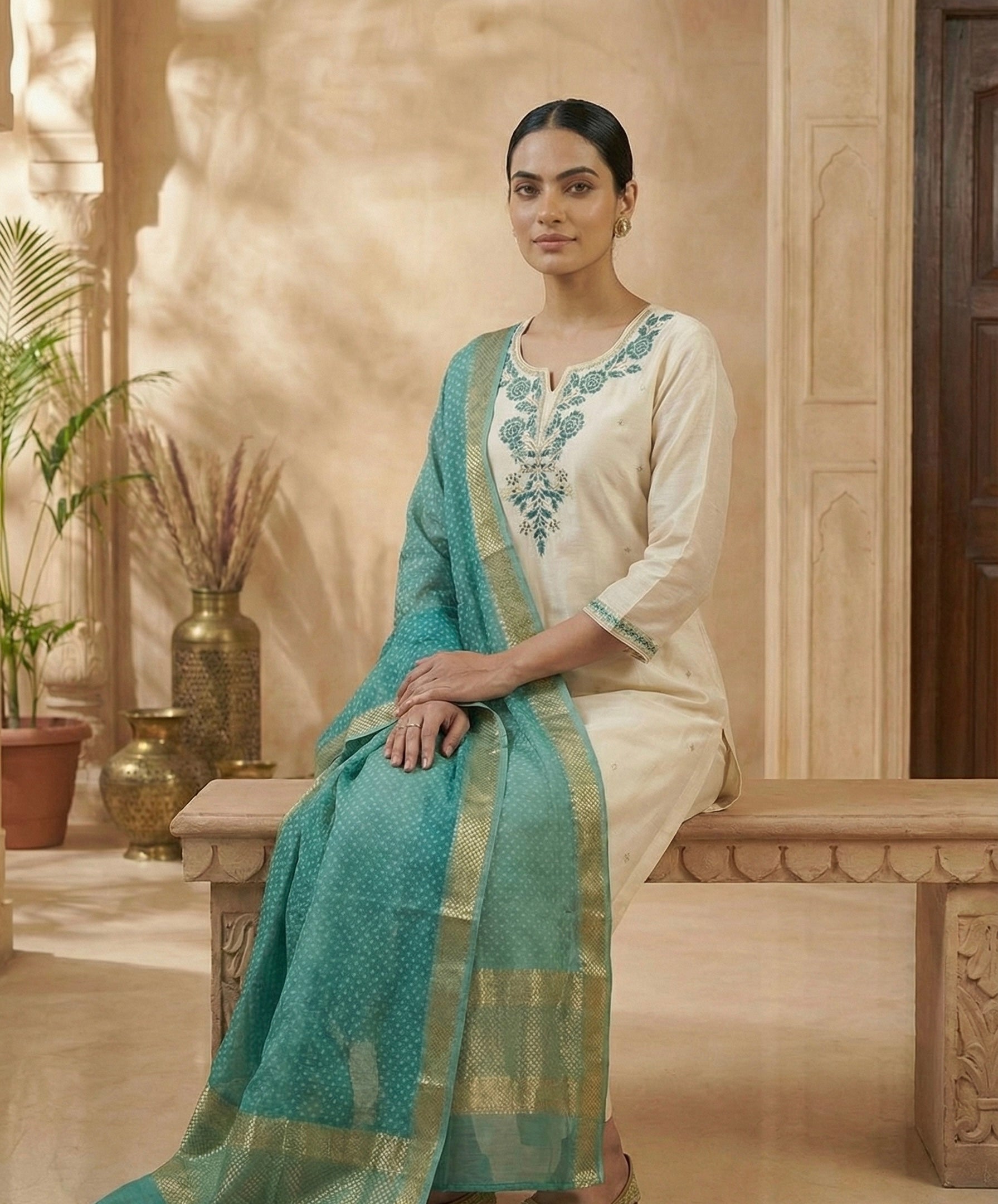 Roman Silk Handwork Suit Set with Bandhani Organza Dupatta (M to 5XL)