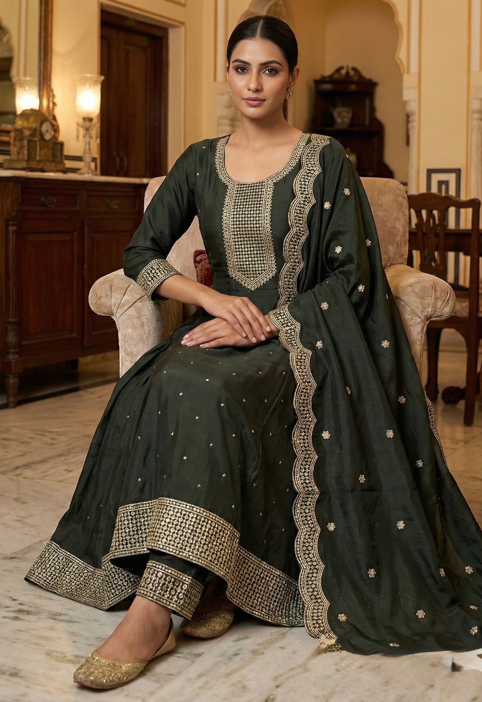 Roman Silk Ghera Suit with Embroidery & Dupatta