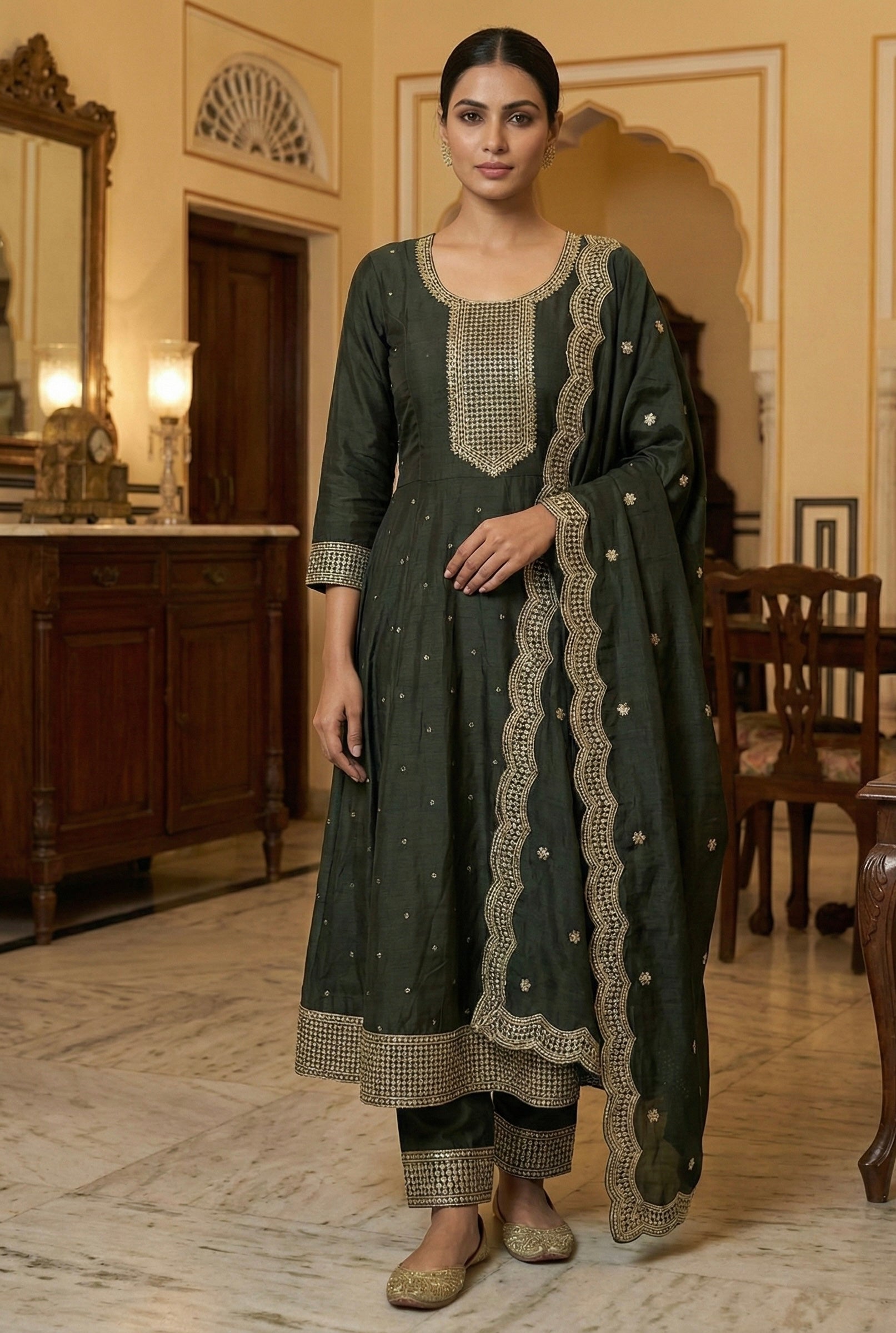 Roman Silk Ghera Suit with Embroidery & Dupatta