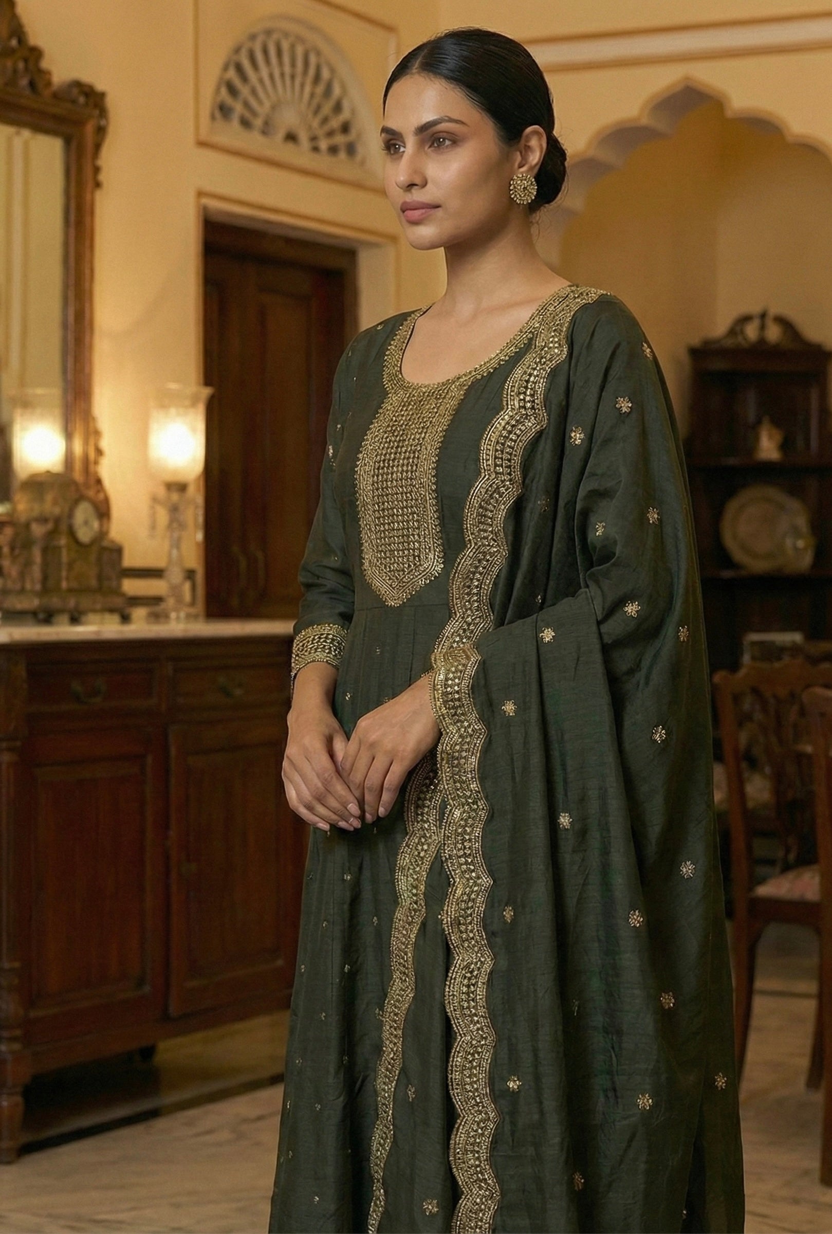 Roman Silk Ghera Suit with Embroidery & Dupatta
