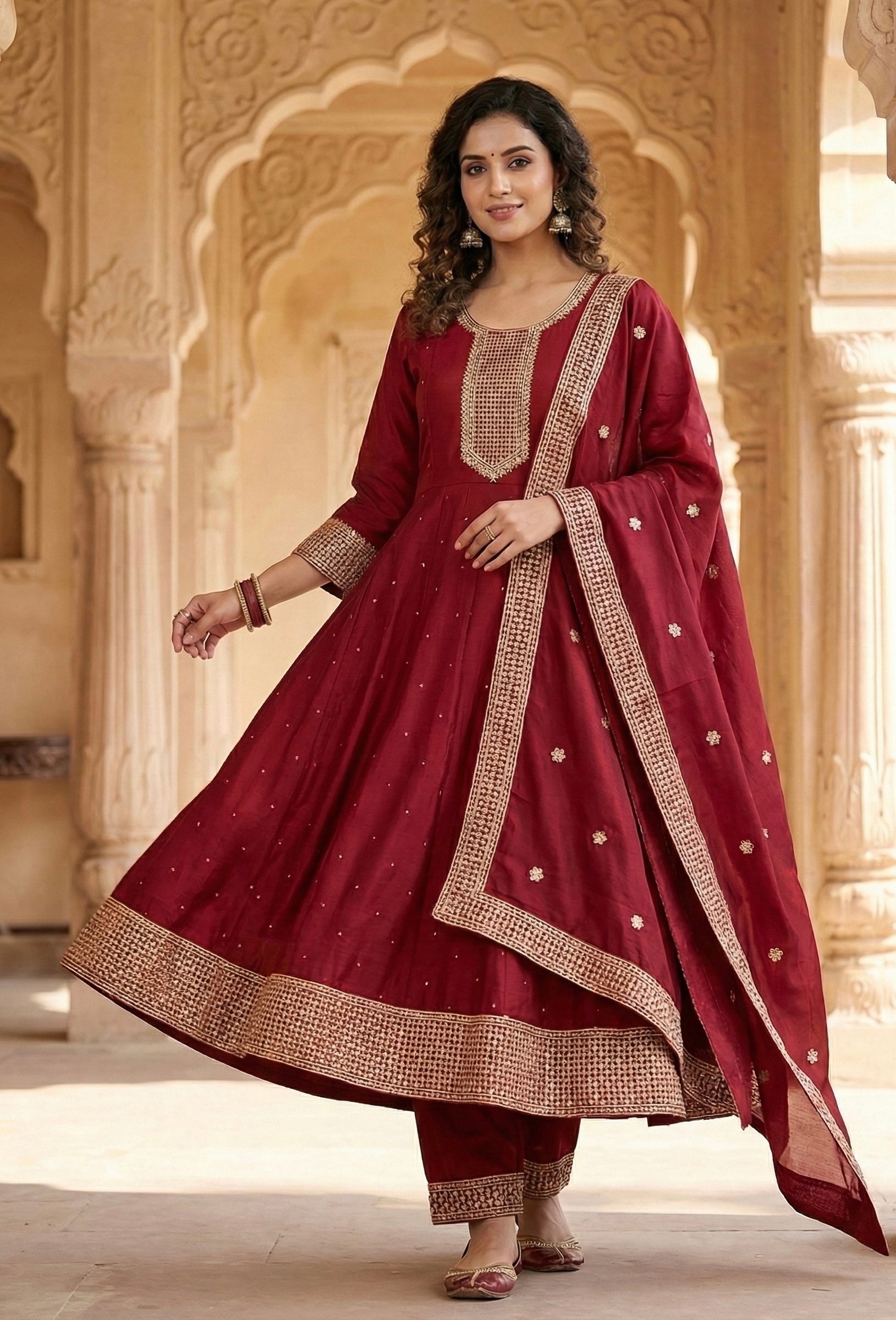 Roman Silk Ghera Suit with Embroidery & Dupatta
