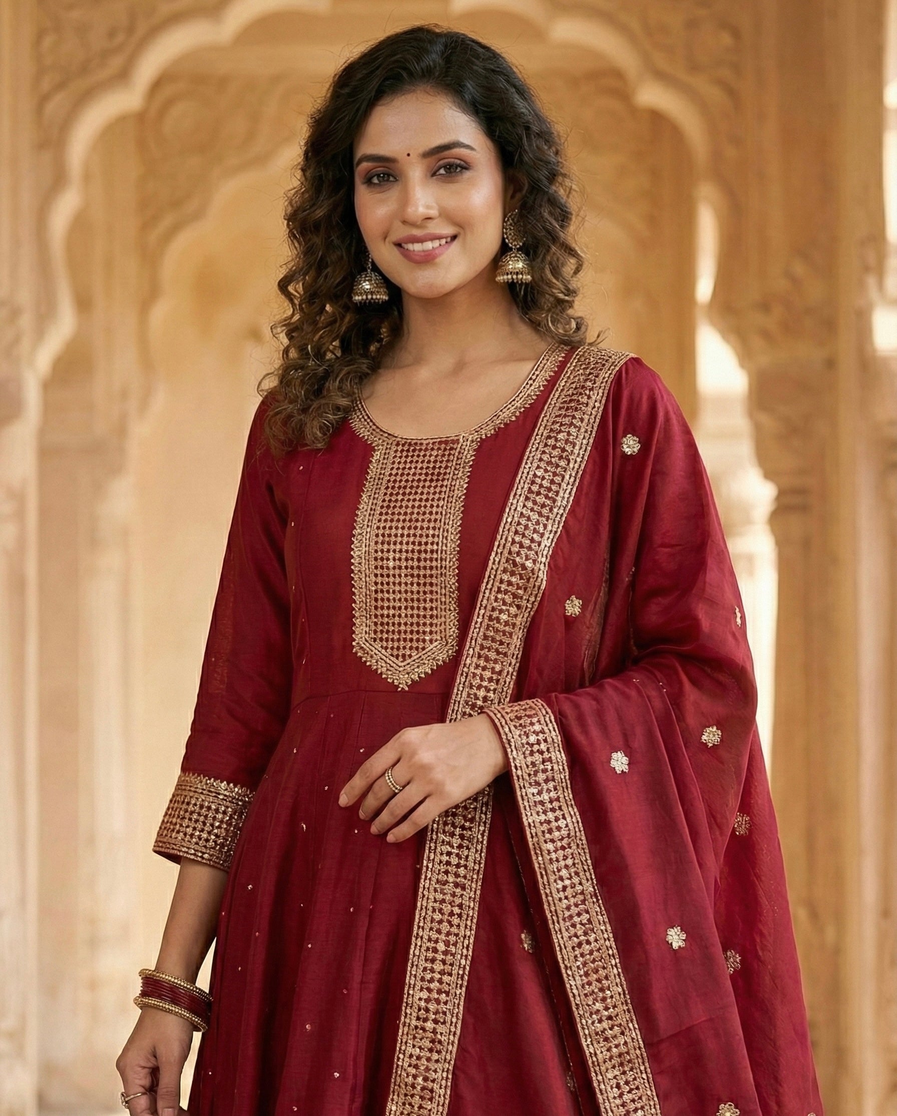 Roman Silk Ghera Suit with Embroidery & Dupatta