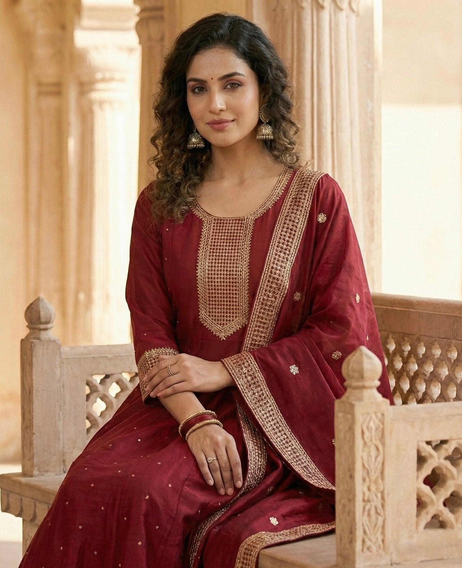 Roman Silk Ghera Suit with Embroidery & Dupatta