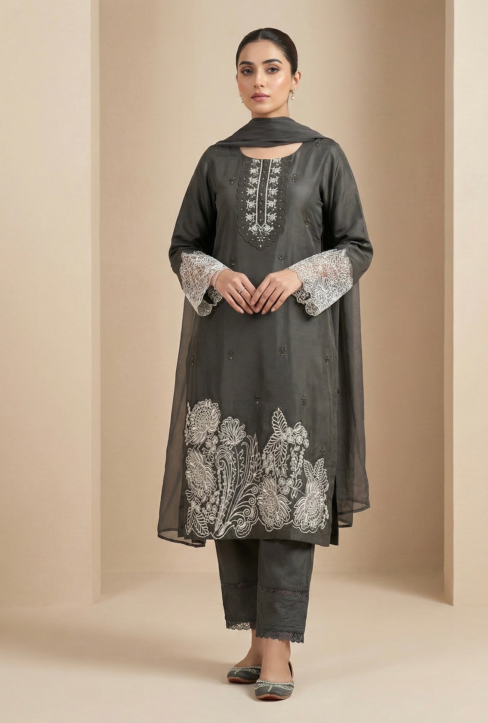 Embroidered Roman Silk Suit Set with Organza Sleeves & Cotton Naznin Dupatta – Signature