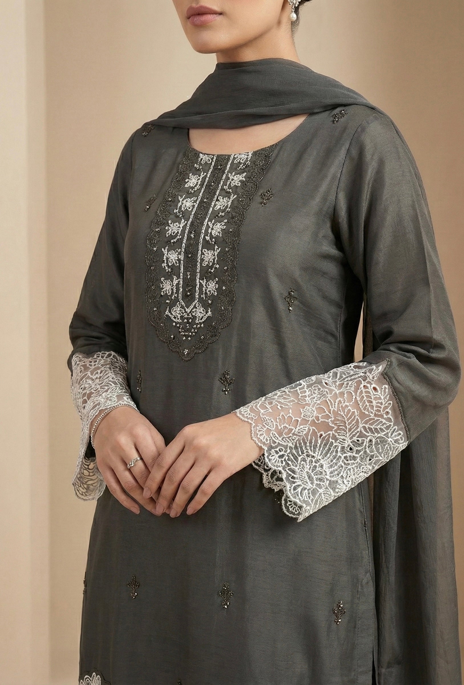Embroidered Roman Silk Suit Set with Organza Sleeves & Cotton Naznin Dupatta – Signature