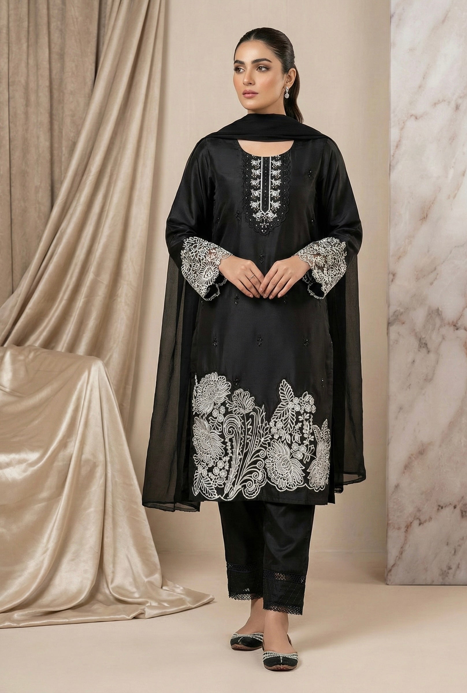 Embroidered Roman Silk Suit Set with Organza Sleeves & Cotton Naznin Dupatta – Signature