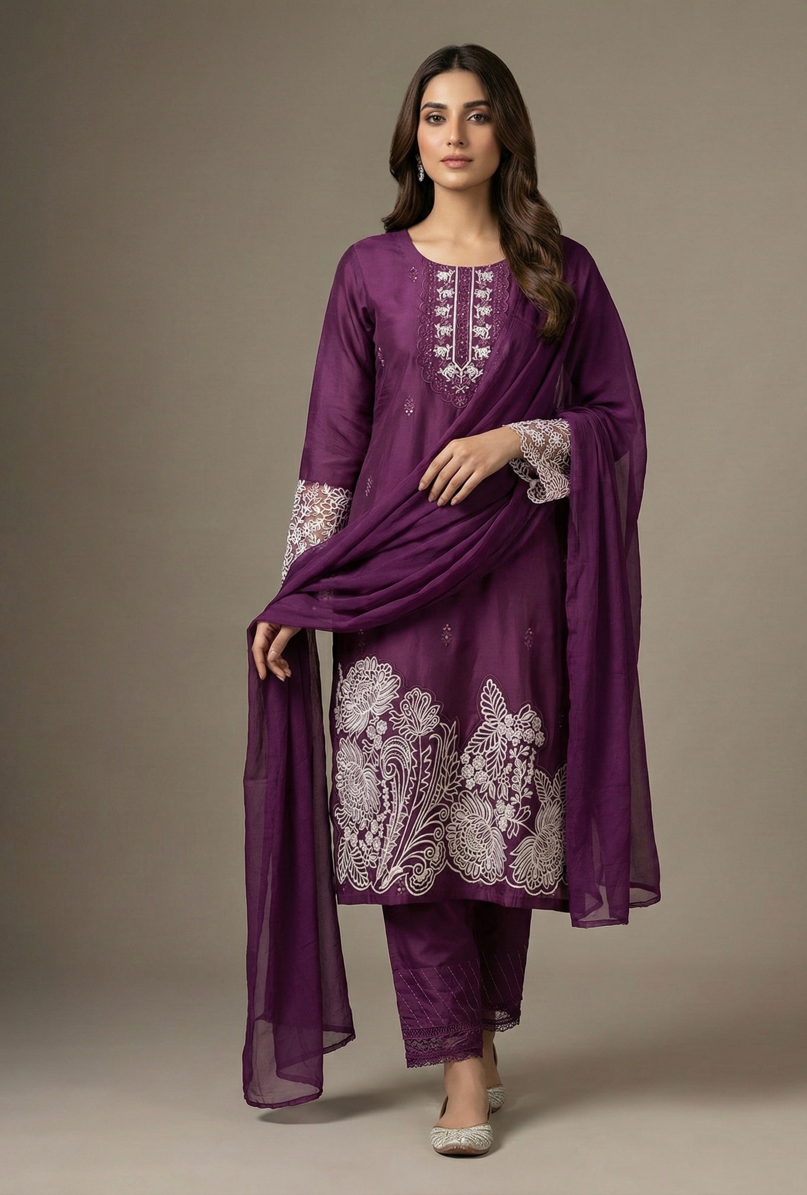 Embroidered Roman Silk Suit Set with Organza Sleeves & Cotton Naznin Dupatta – Signature