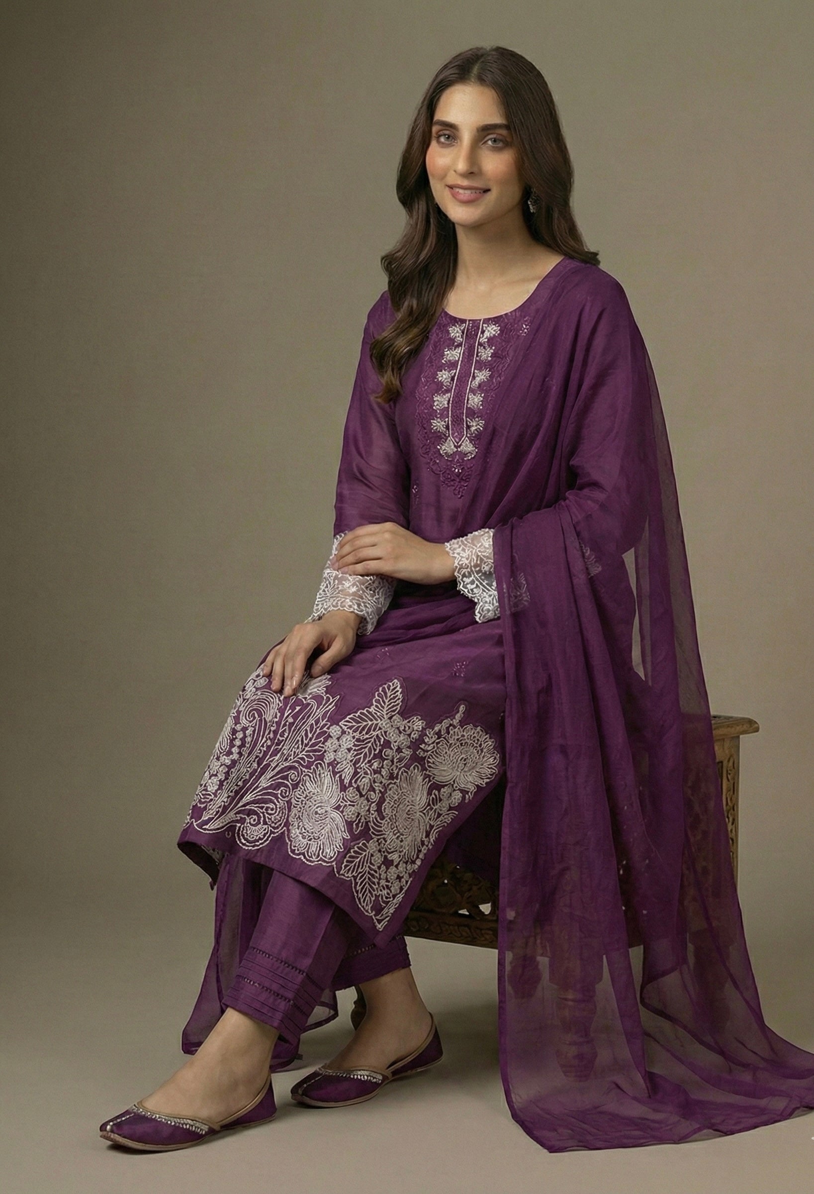 Embroidered Roman Silk Suit Set with Organza Sleeves & Cotton Naznin Dupatta – Signature