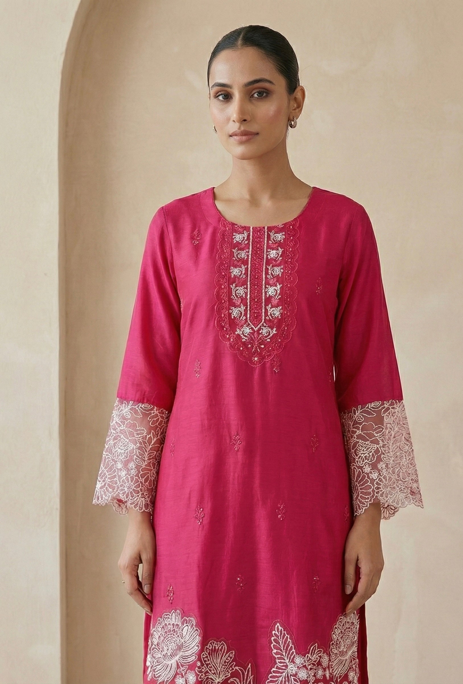 Embroidered Roman Silk Suit Set with Organza Sleeves & Cotton Naznin Dupatta – Signature