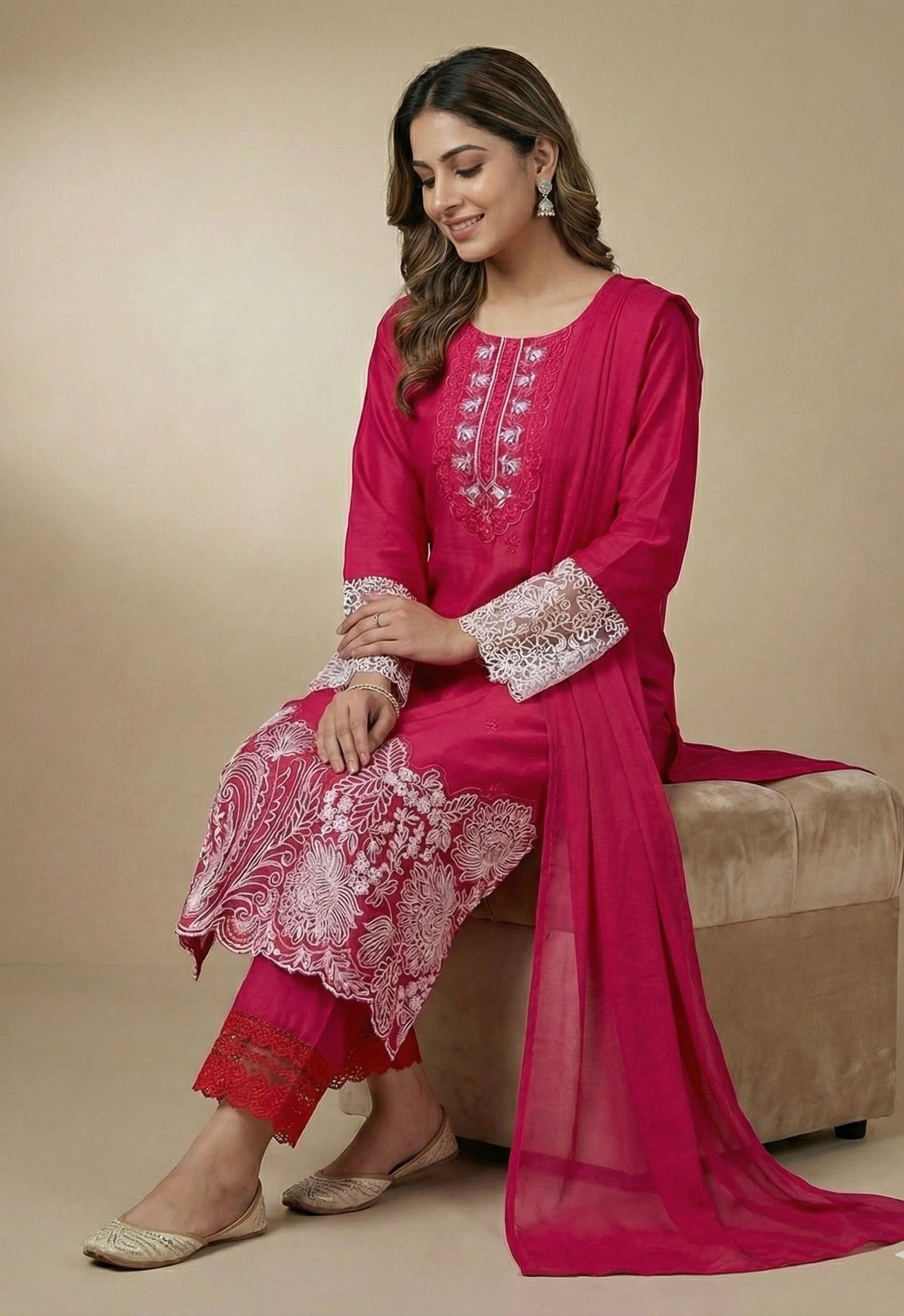 Embroidered Roman Silk Suit Set with Organza Sleeves & Cotton Naznin Dupatta – Signature