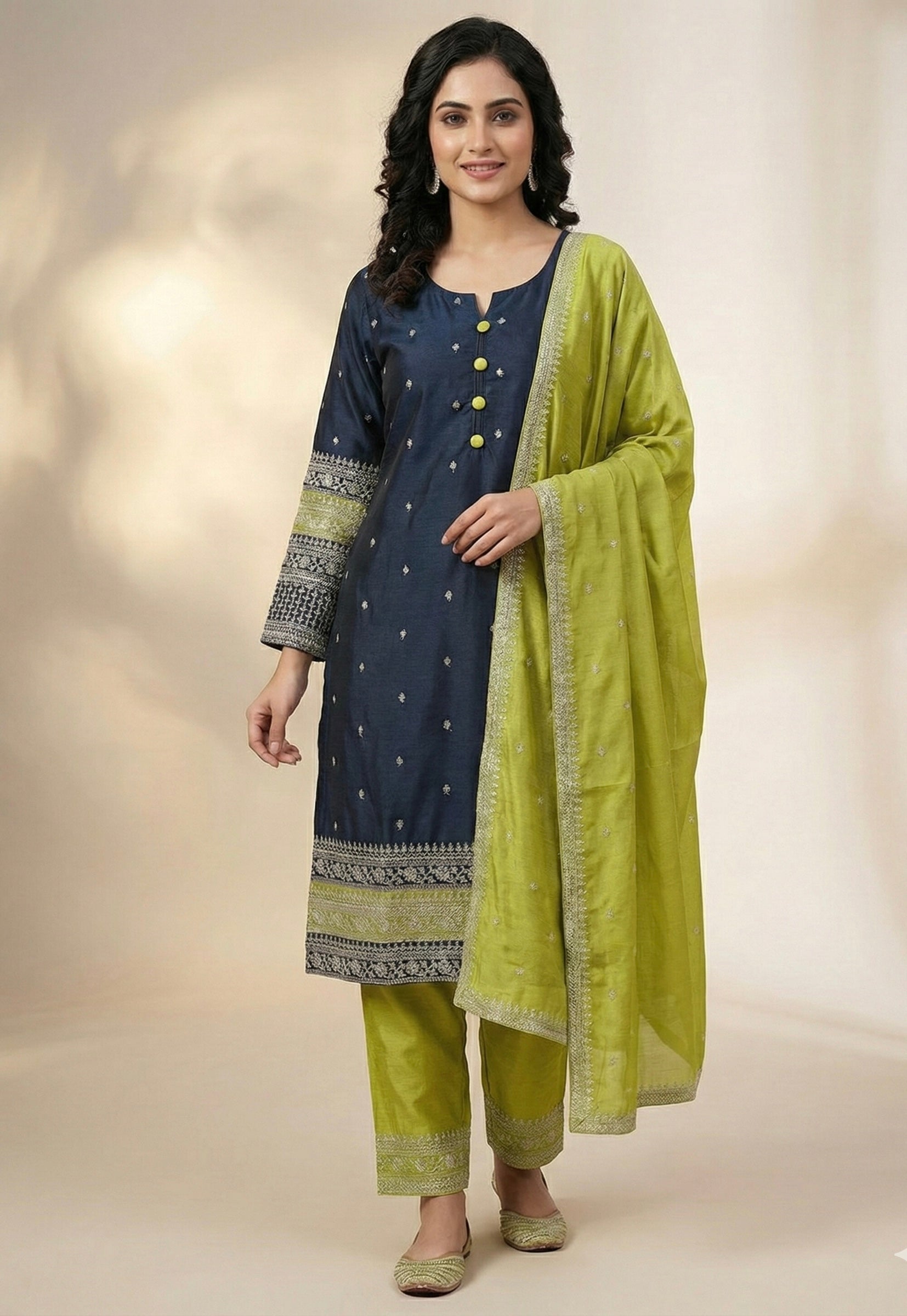 Vichitra Silk Suit Set with Embellished Kurta & Matching Dupatta – Dual Shades