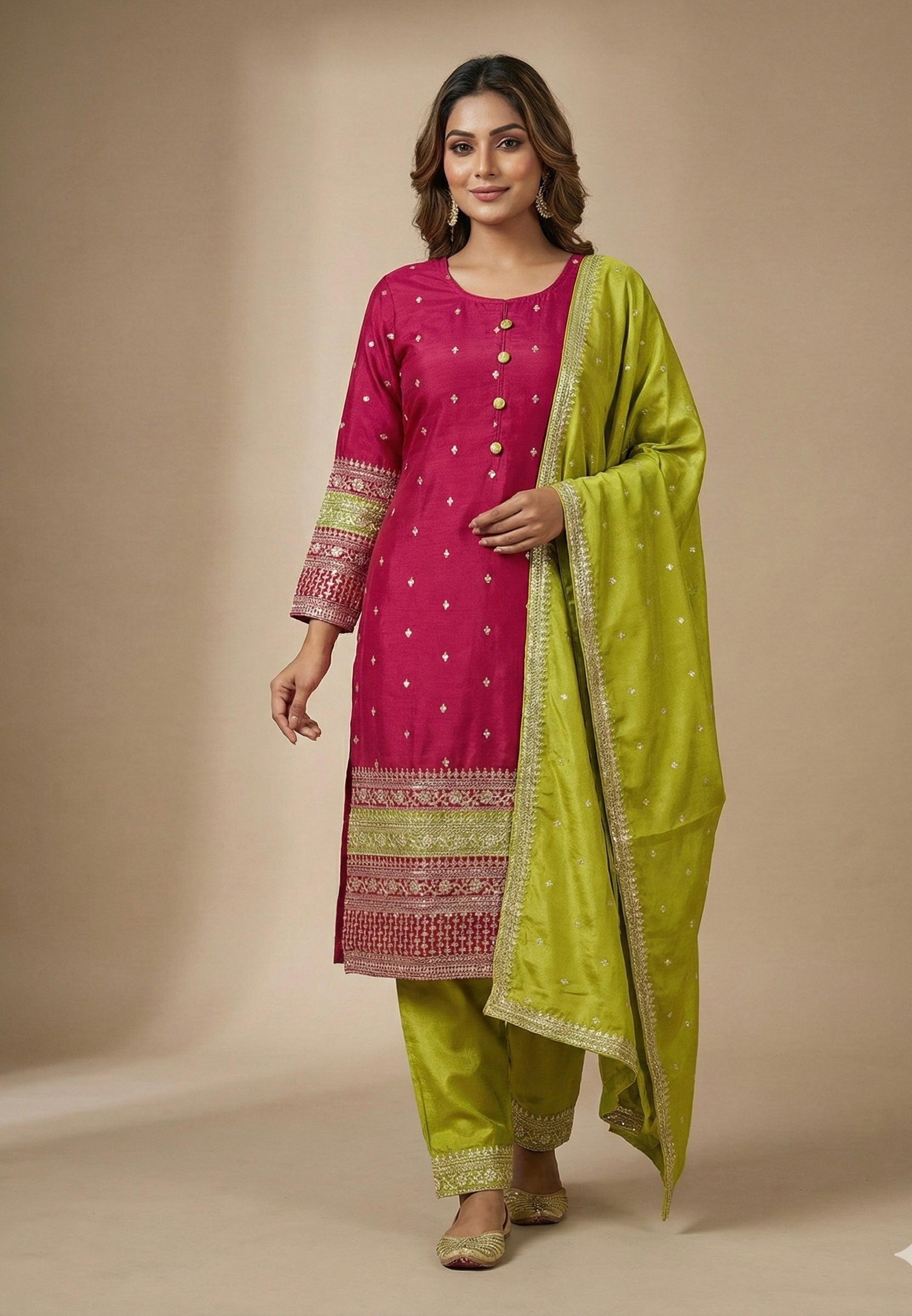 Vichitra Silk Suit Set with Embellished Kurta & Matching Dupatta – Dual Shades