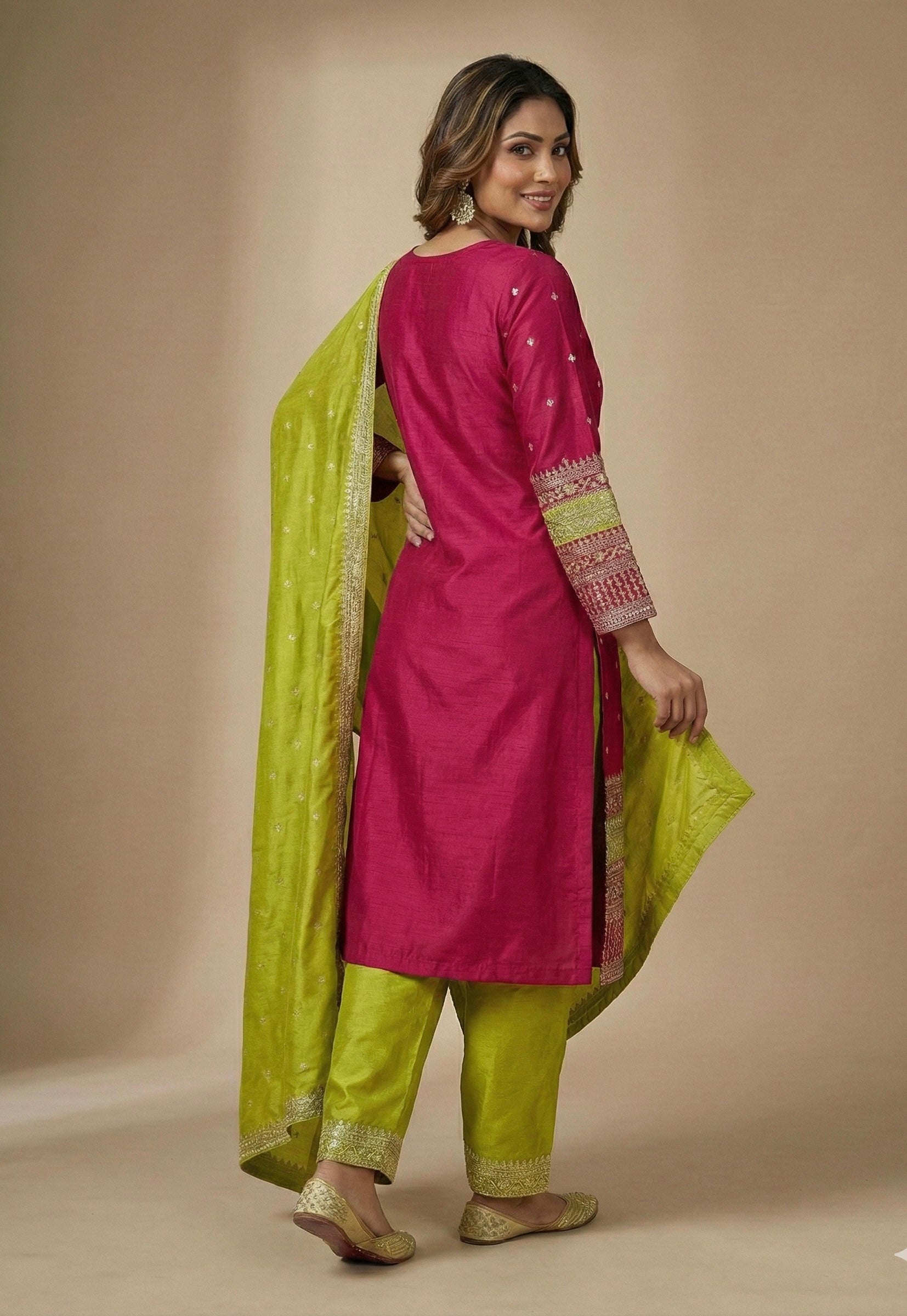 Vichitra Silk Suit Set with Embellished Kurta & Matching Dupatta – Dual Shades