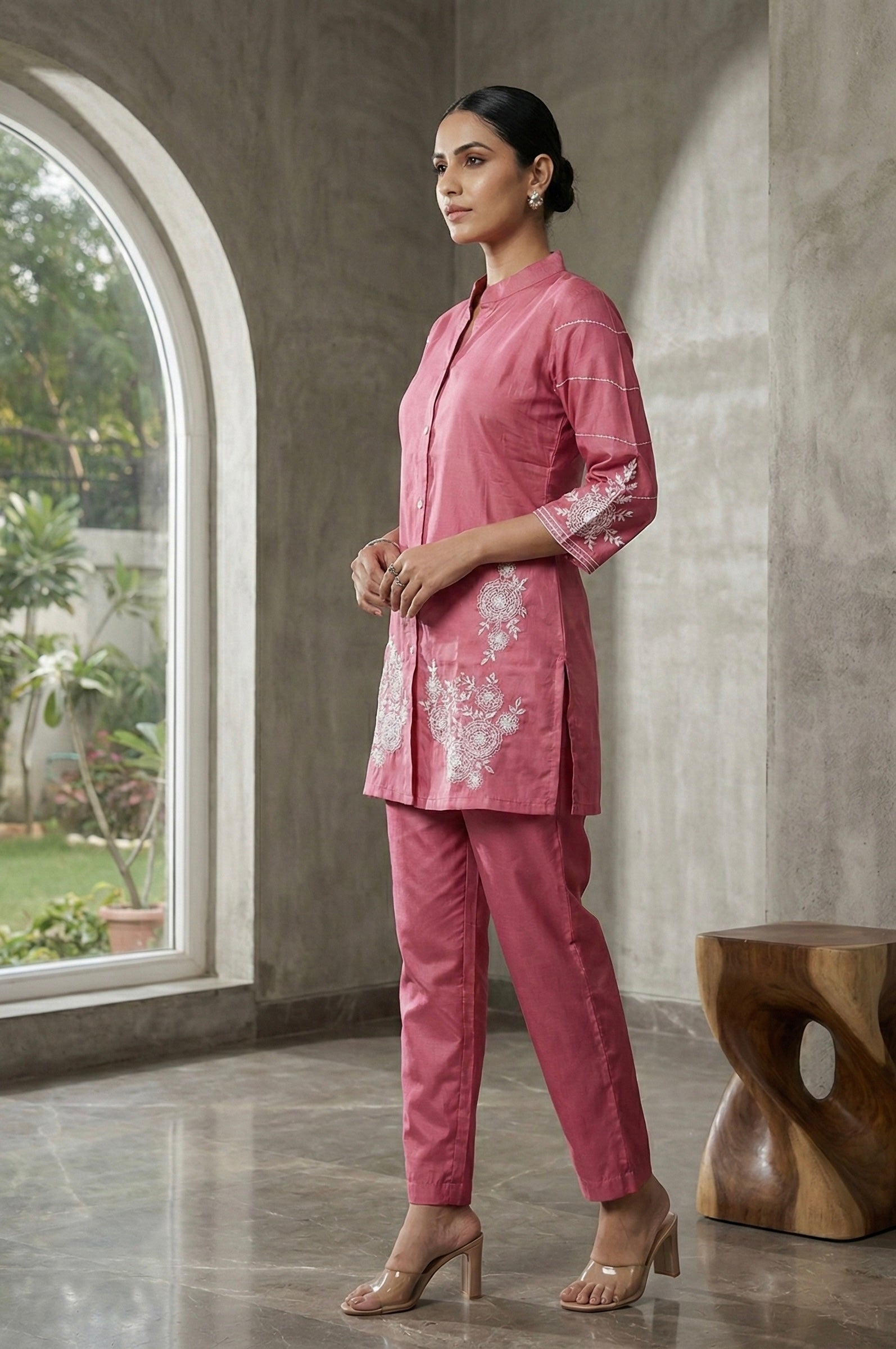 Elegant Embroidered Co-ord Set in Roman Silk – Pink | Yellow