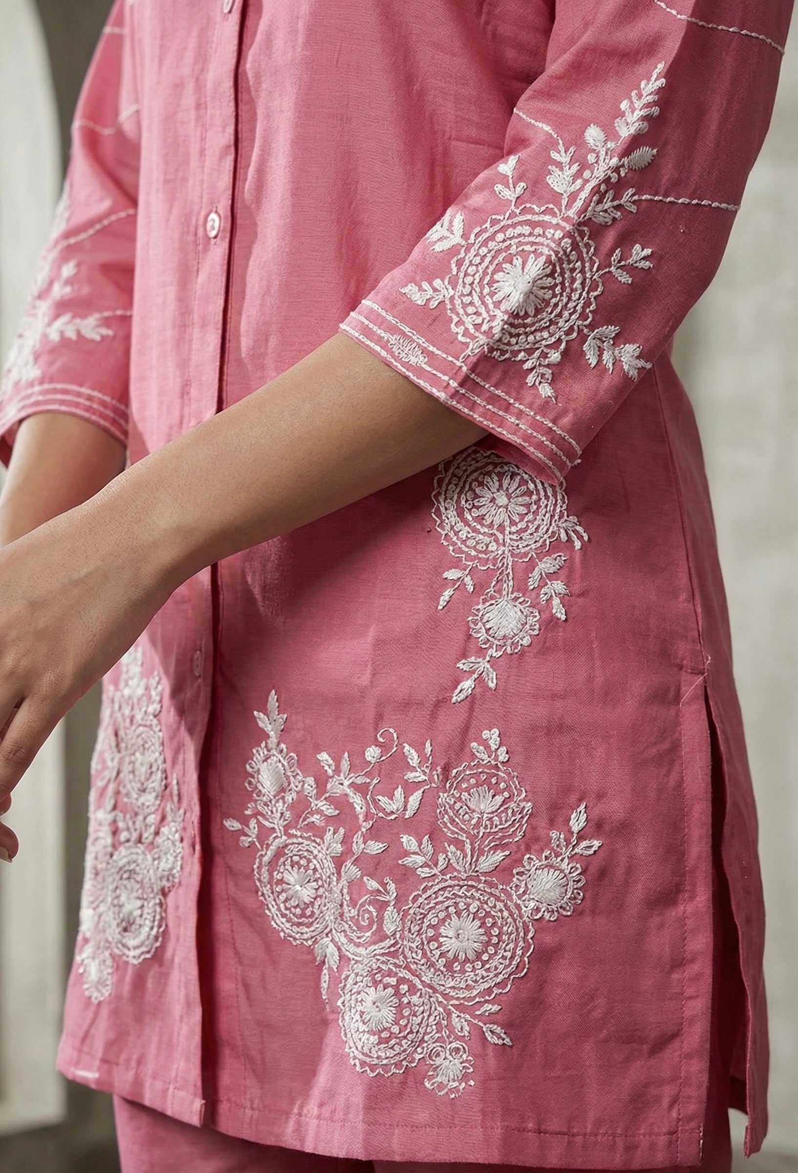 Elegant Embroidered Co-ord Set in Roman Silk – Pink | Yellow