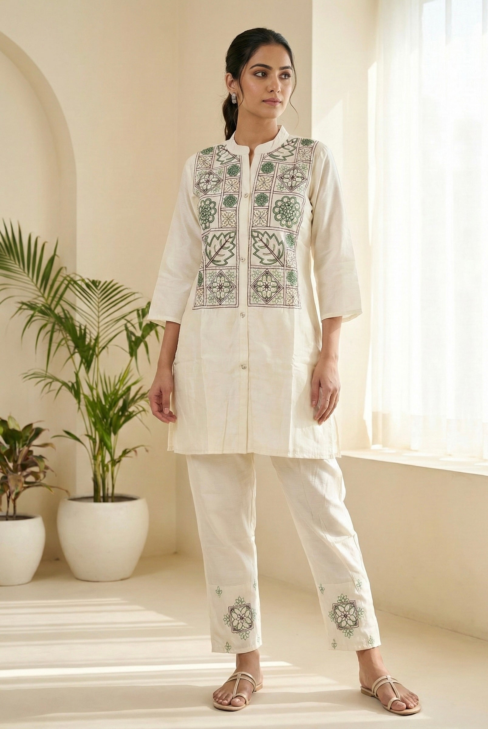 Floral Tile Embroidered Co-ord Set in Roman Silk