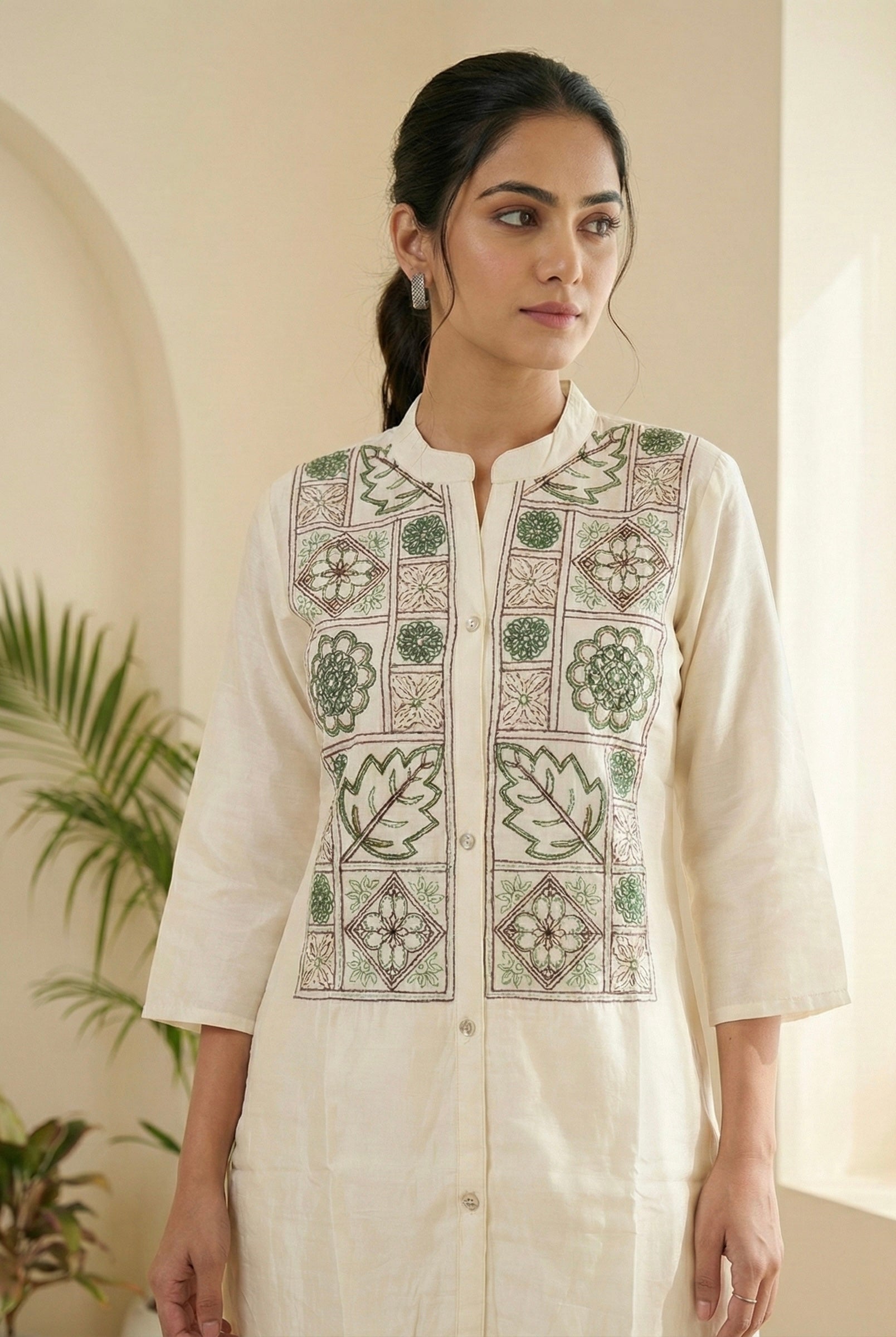 Floral Tile Embroidered Co-ord Set in Roman Silk