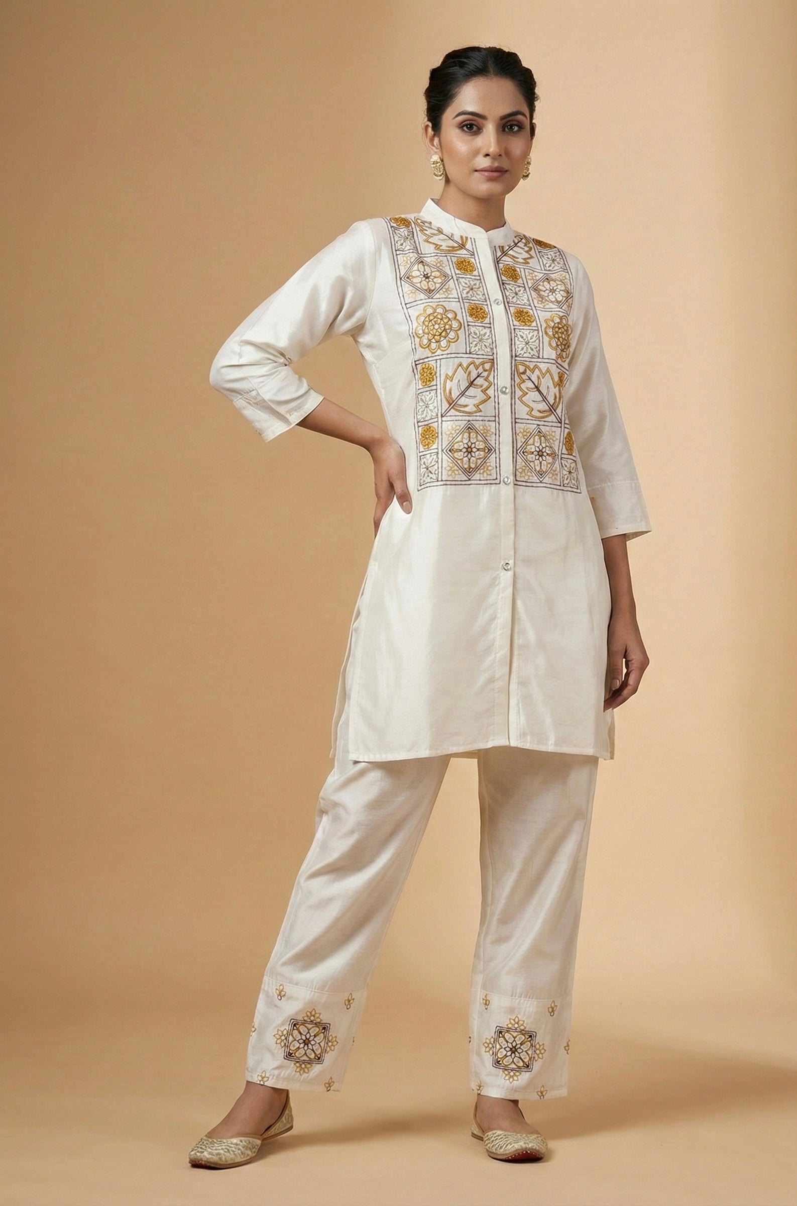 Floral Tile Embroidered Co-ord Set in Roman Silk