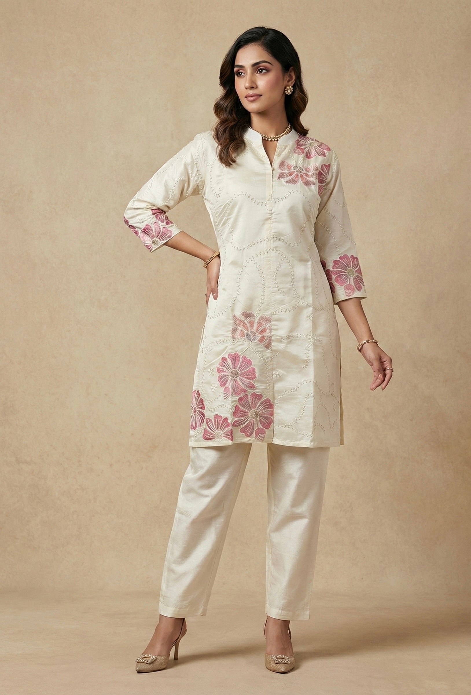 Chikan-Inspired Kurta Set with Bold Floral Appliqué