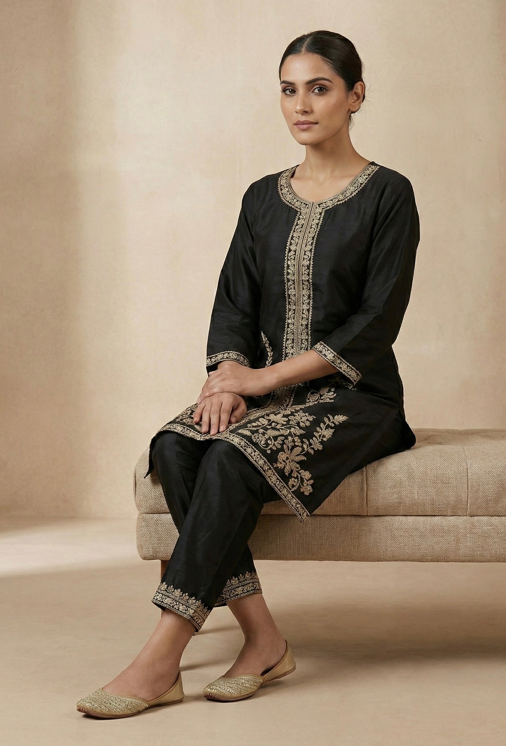 Royal Black Embroidered Coord Set – Gold Threadwork