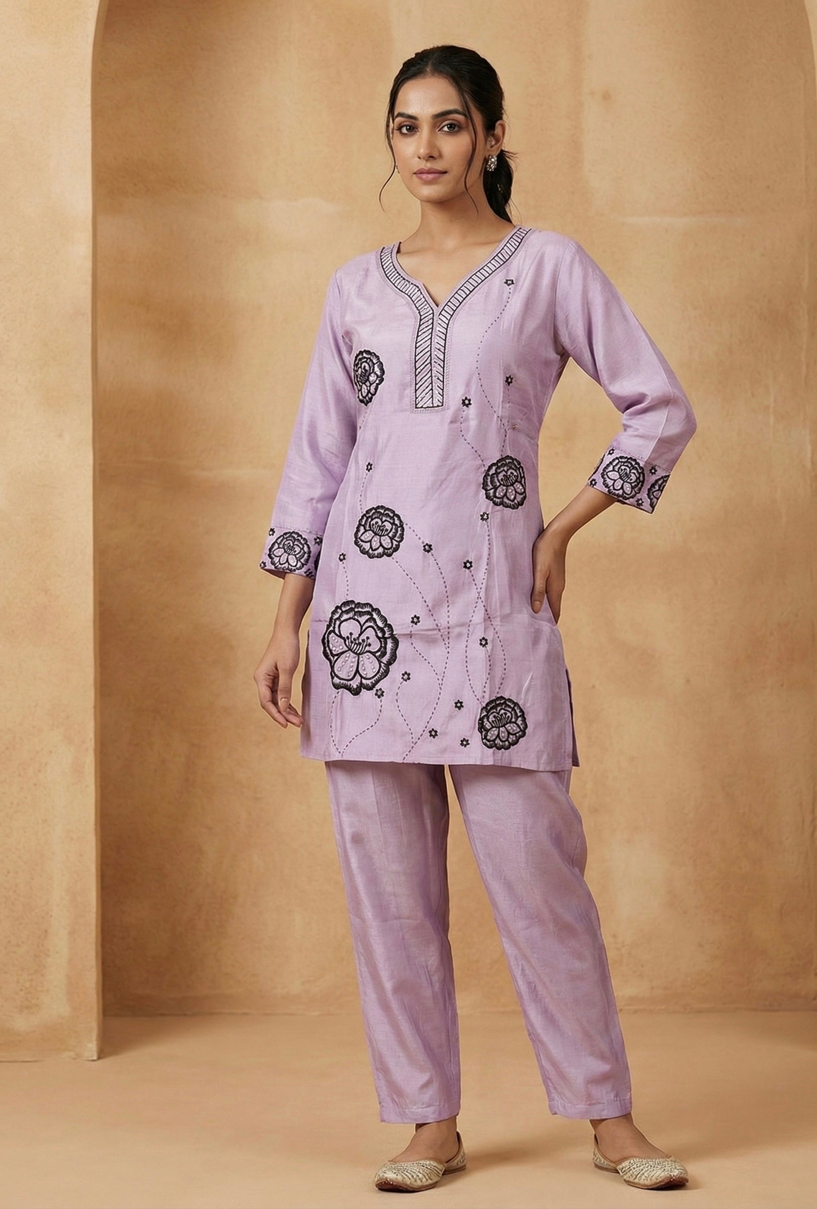Zoya Bloom Embroidered Coord Set – Veticaan Fabric (Lilac Petal & Mist Blue)