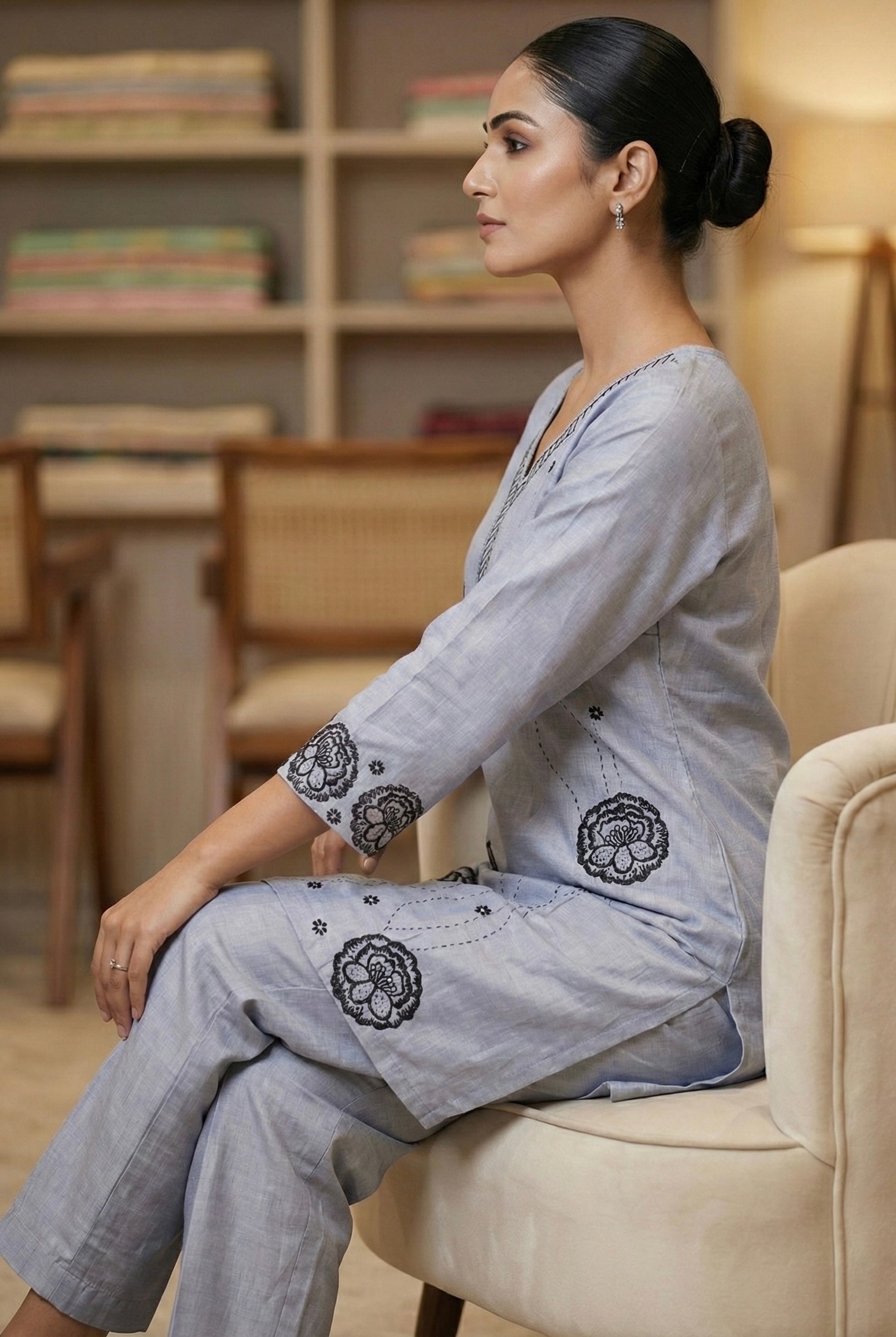 Zoya Bloom Embroidered Coord Set – Veticaan Fabric (Lilac Petal & Mist Blue)