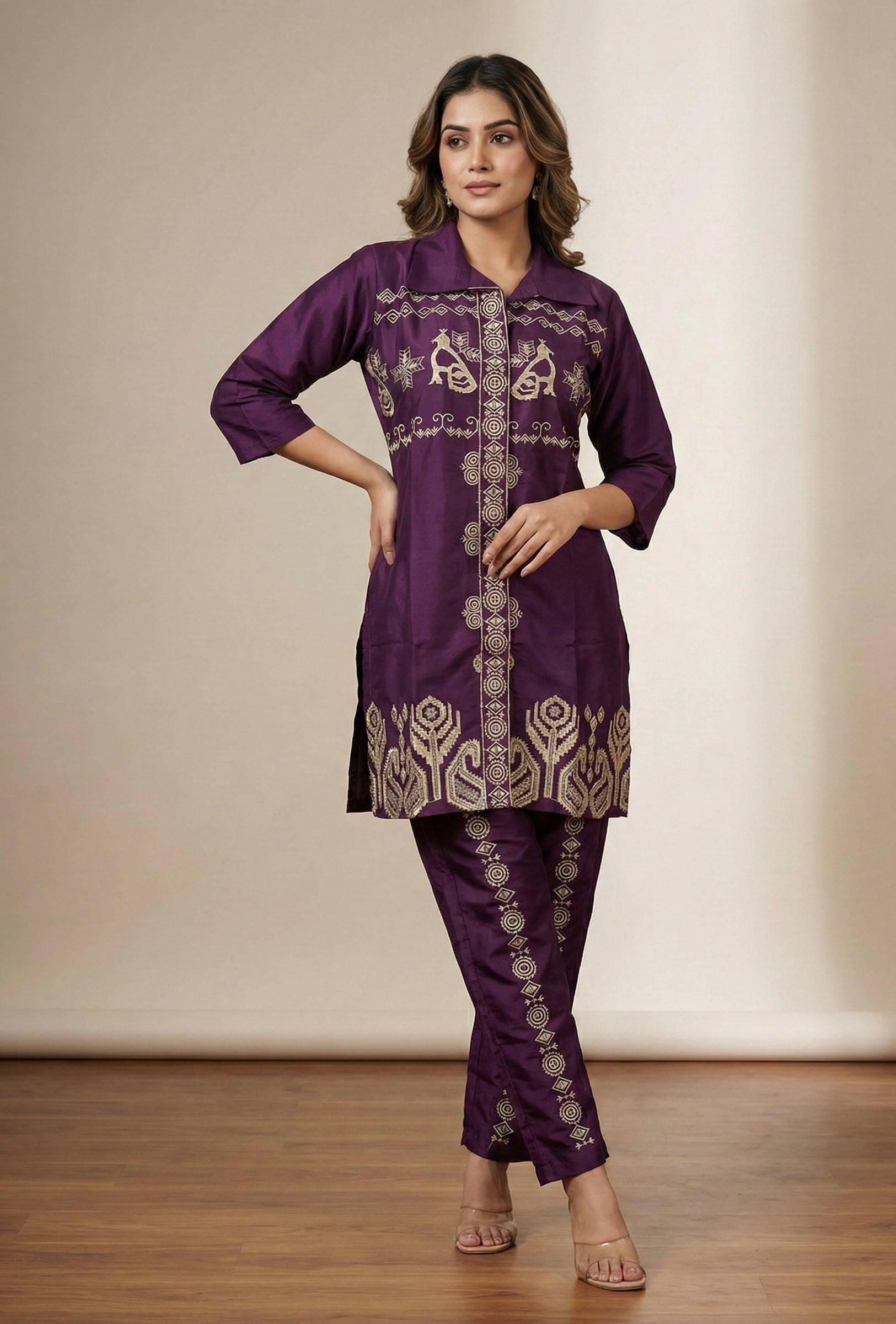 Regal Embroidered Coord Set in Roman Silk – Wine & Maroon Shades