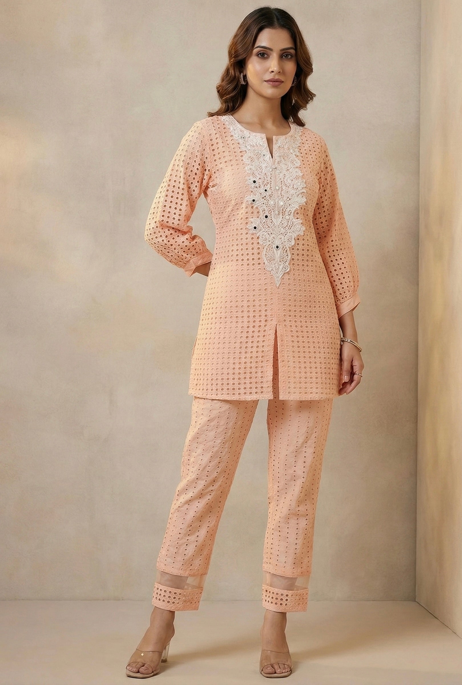 Gulnaar Blush Pink Coord Set with Cutwork & Embroidered Yoke |Signature Collection