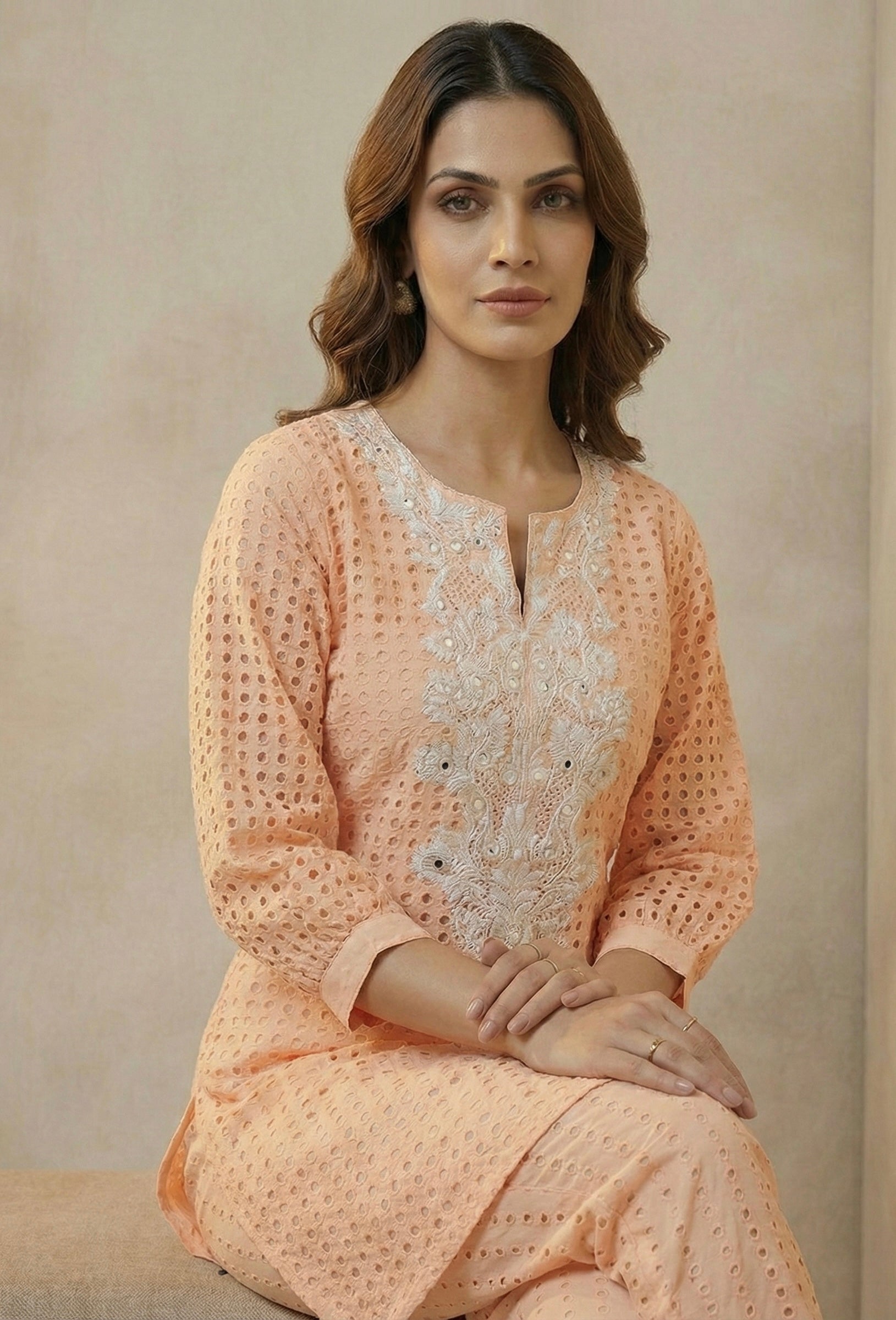 Gulnaar Blush Pink Coord Set with Cutwork & Embroidered Yoke |Signature Collection