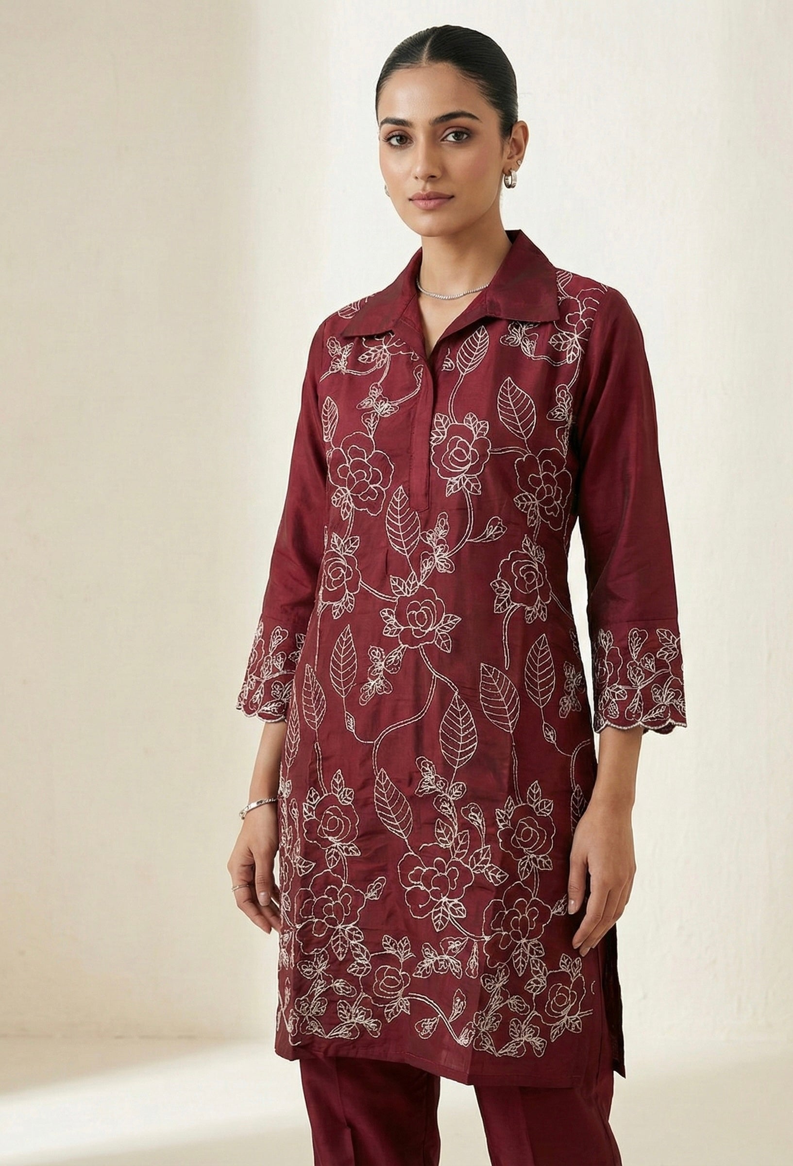 Dori Work Embroidered Coord Set – Roman Silk | Plum & Maroon