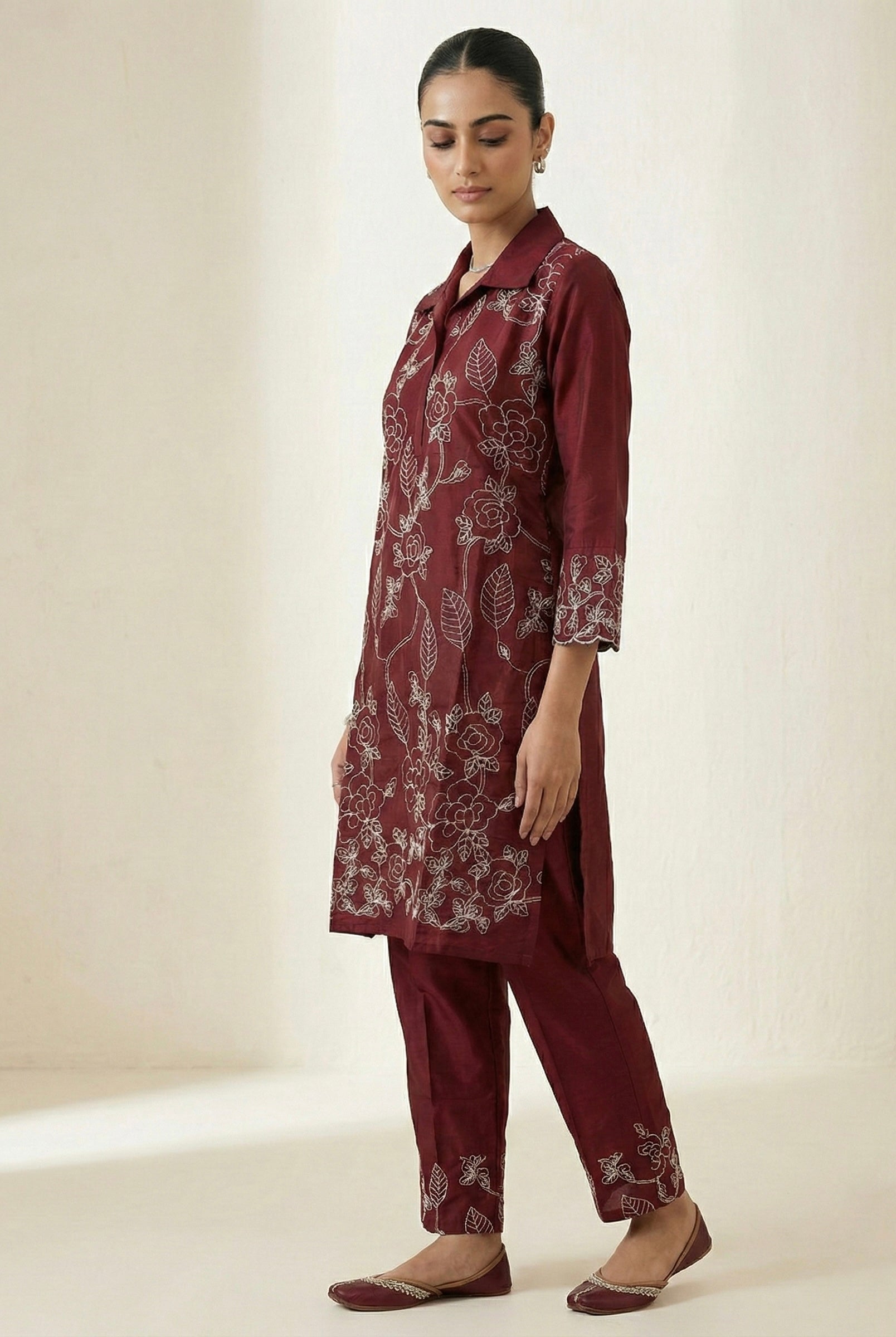Dori Work Embroidered Coord Set – Roman Silk | Plum & Maroon