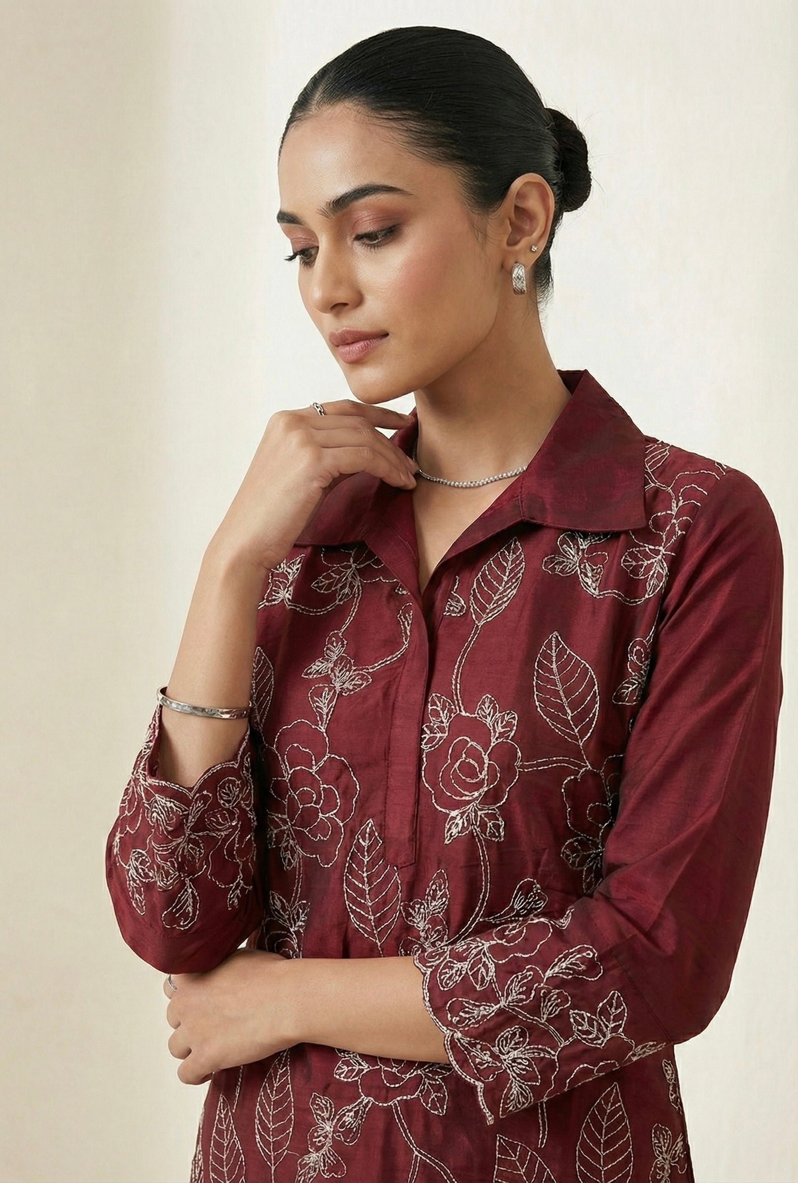 Dori Work Embroidered Coord Set – Roman Silk | Plum & Maroon