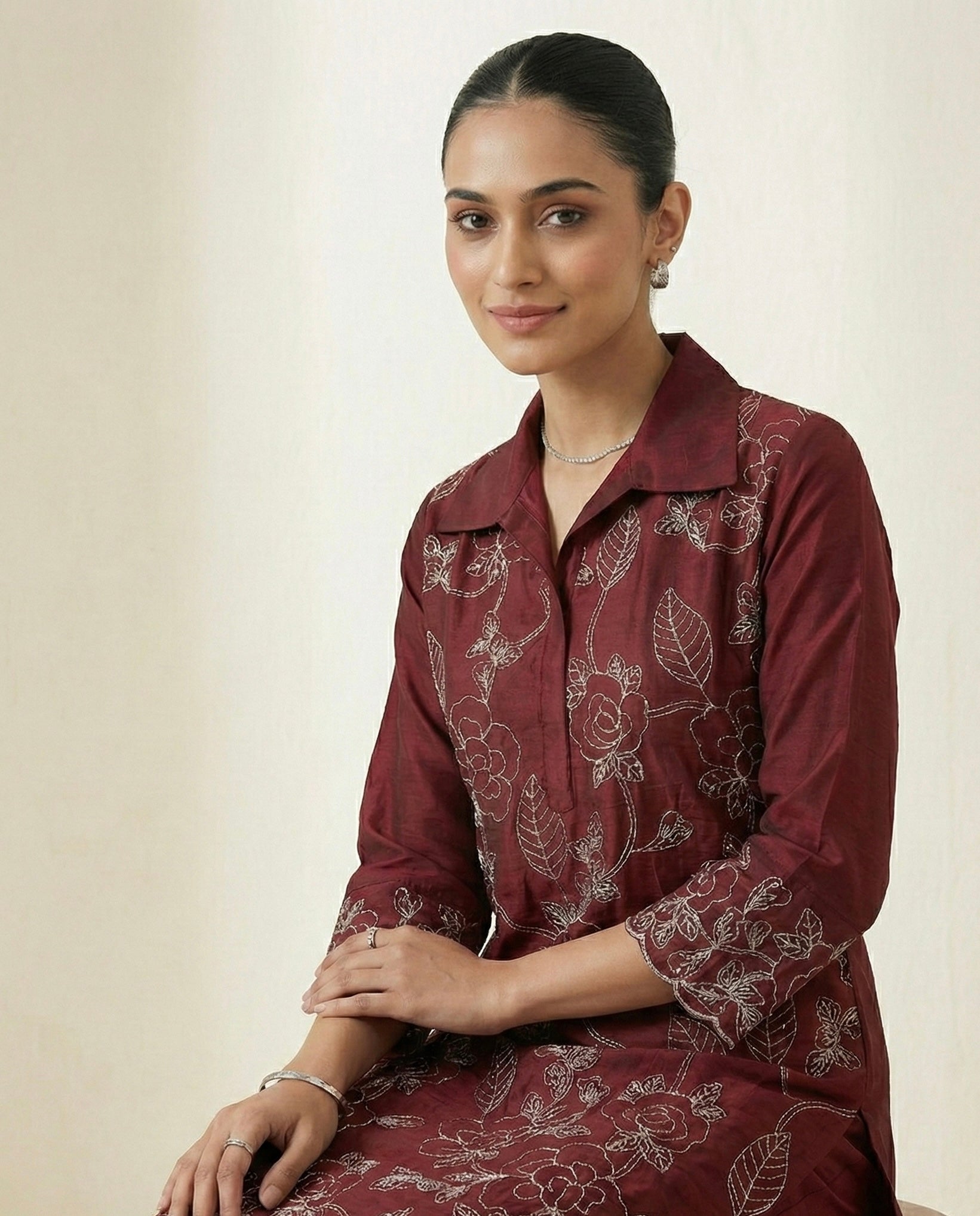 Dori Work Embroidered Coord Set – Roman Silk | Plum & Maroon